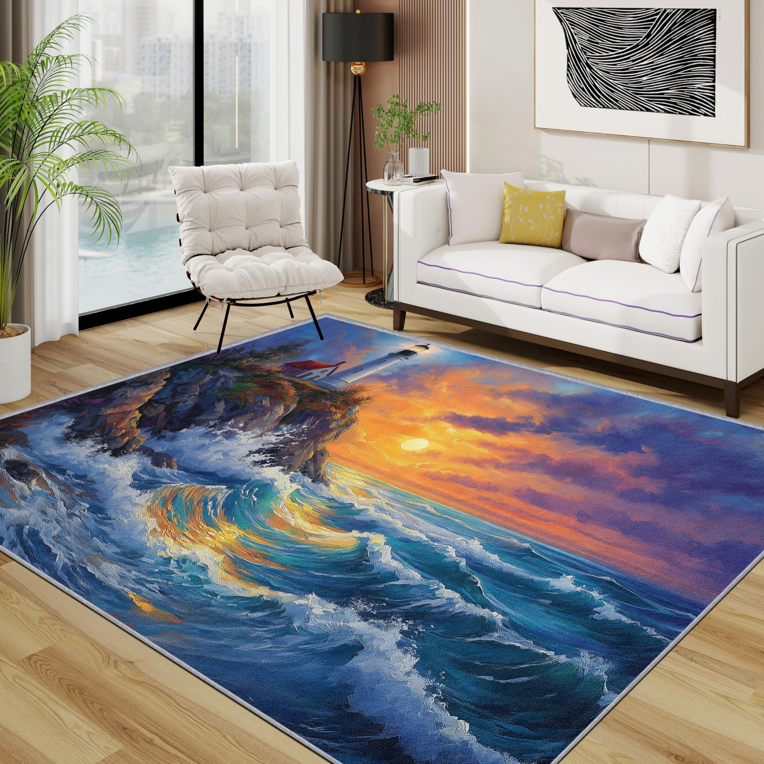 Nautical Rug - Coastal Lighthouse Ocean Small Rugs for Bedroom 60x90, Sunset Landscape Floor Mat Soft Washable Non Slip Indoor Mats, Nautical Room Decor