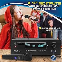 Vista 4 de Pyle Receptor de karaoke de cine en casa Bluetooth de 1000 W - Amplificador estéreo de 5.2 Ch 2 micrófonos inalámbricos UHF soportes de paso