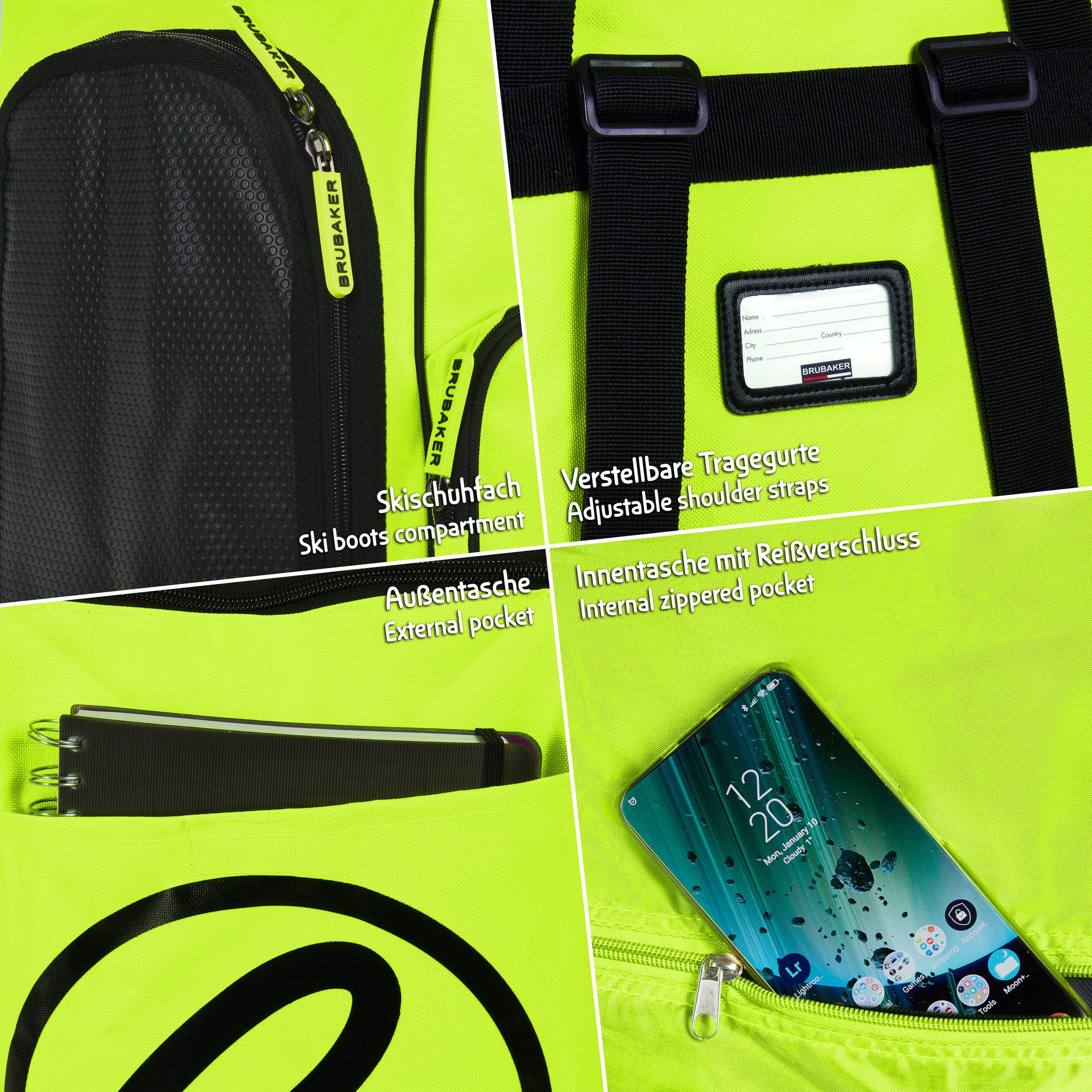BRUBAKER - Set de Ski 'Carver Champion' - Housse à Skis & Sac à Chaussures de Ski - pour 1 Paire de Skis + Bâtons + Chaussures + Casque - Jaune Fluo/Noir