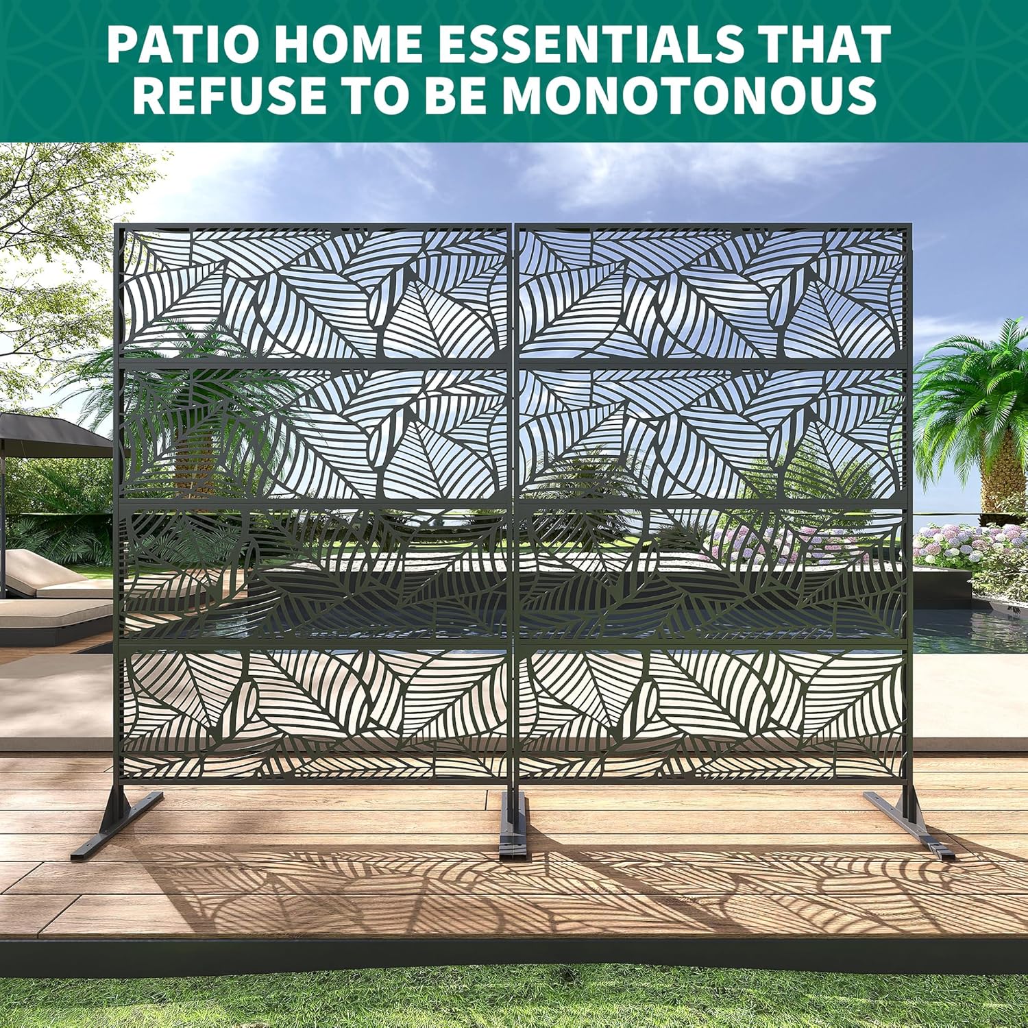 Metal Privacy Screen 46" x 71" - Freestanding Outdoor Divider with Stand Panels for Patio, Deck, Balcony & Garden | All-Weather Indoor/Outdoor Use​-Leaf