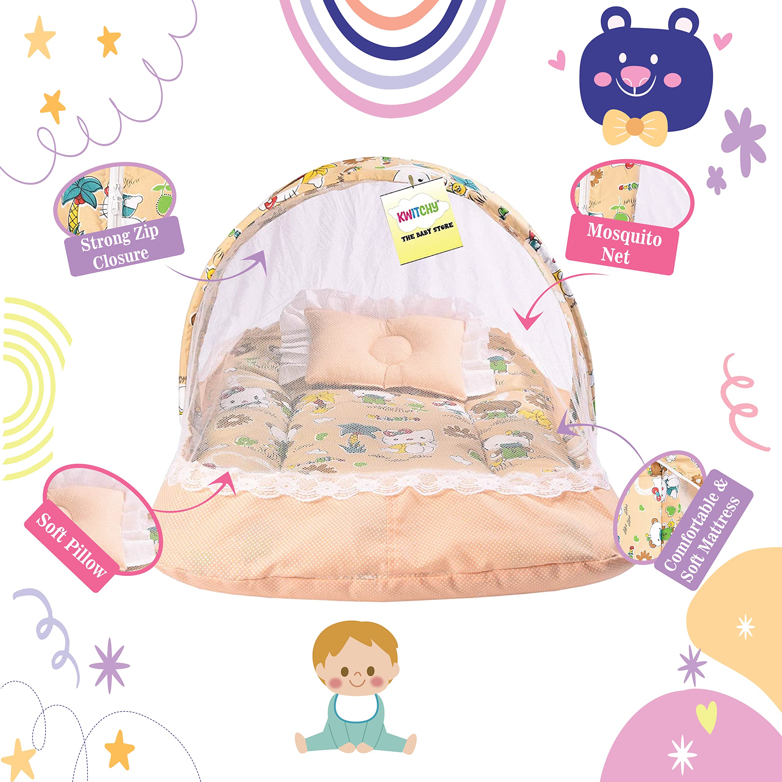 Kwitchy Baby Bed New Born Baby Bedding Set|Mosquito Net|Mattress|Cotton|Zip Closure|Printed|Products All|Infants|Boys&Girls|Gifts 4