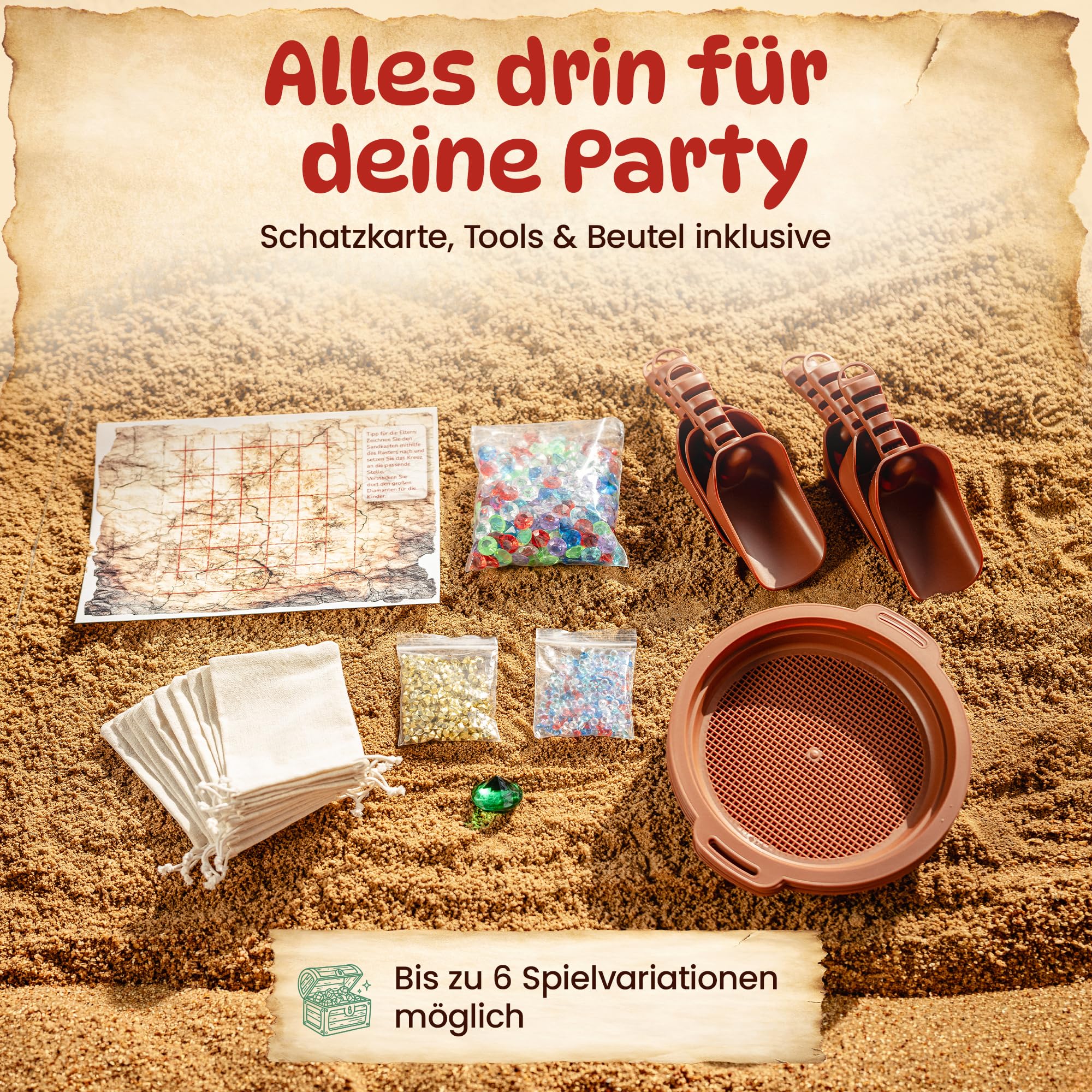 DIAGO Schatzsuche Kindergeburtstag - Outdoor Spiele Set für Kinder mit Edelsteinen, Schatzkarte und Sandkasten Spielzeug - Schnitzeljagd ab 3 Jahren