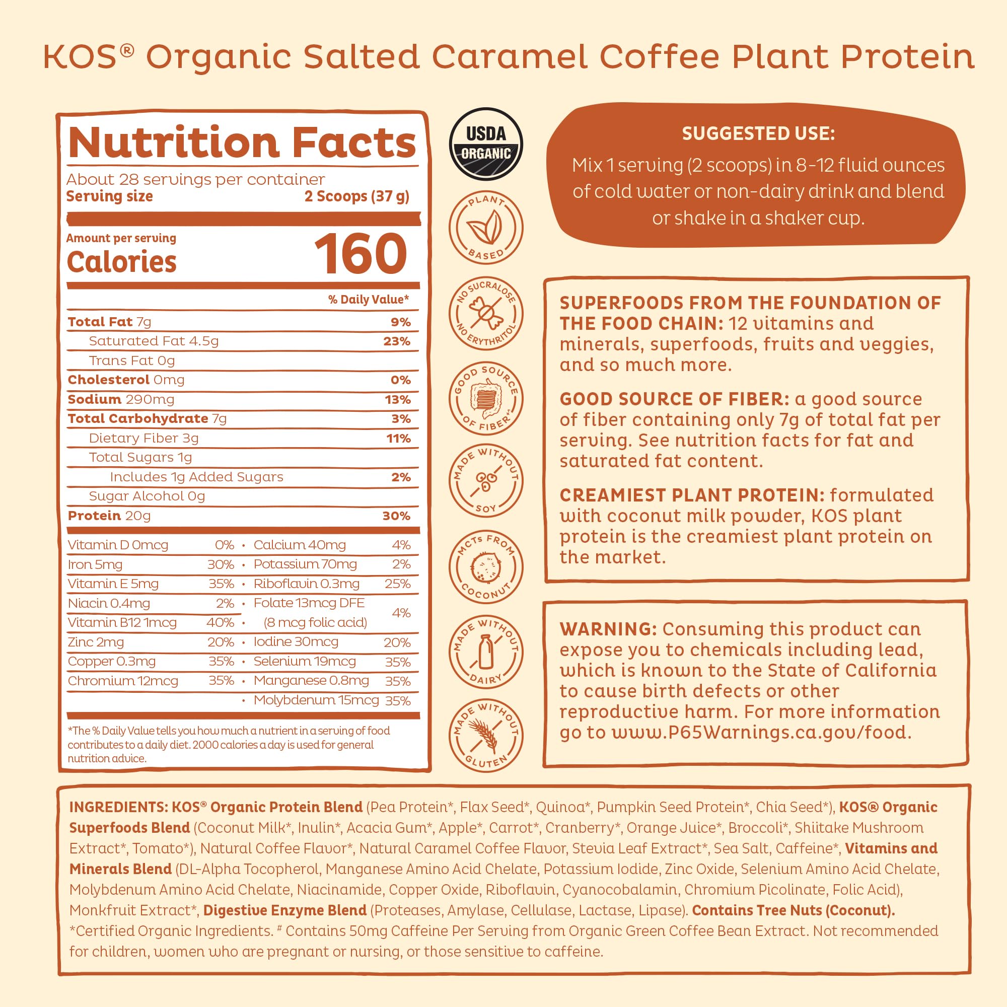 KOS Organic Vegan Protein Powder with 50mg Caffeine, Salted Caramel Coffee - Pea Protein Blend, Plant Based Superfood Rich in Vitamins & Minerals - Meal Replacement for Women & Men, 28 Servings — Amazon image 9