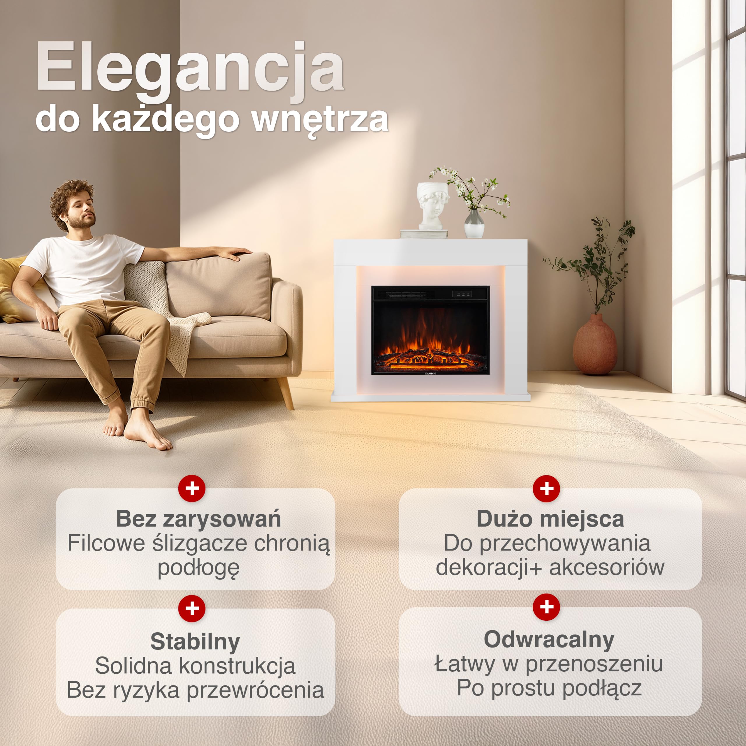 KAMINIO Kominek elektryczny MATTI – elektryczny kominek stojący z ogrzewaniem, efekt płomienia 3D, Oświetlenie otoczenia LED, pilot zdalnego sterowania, biały