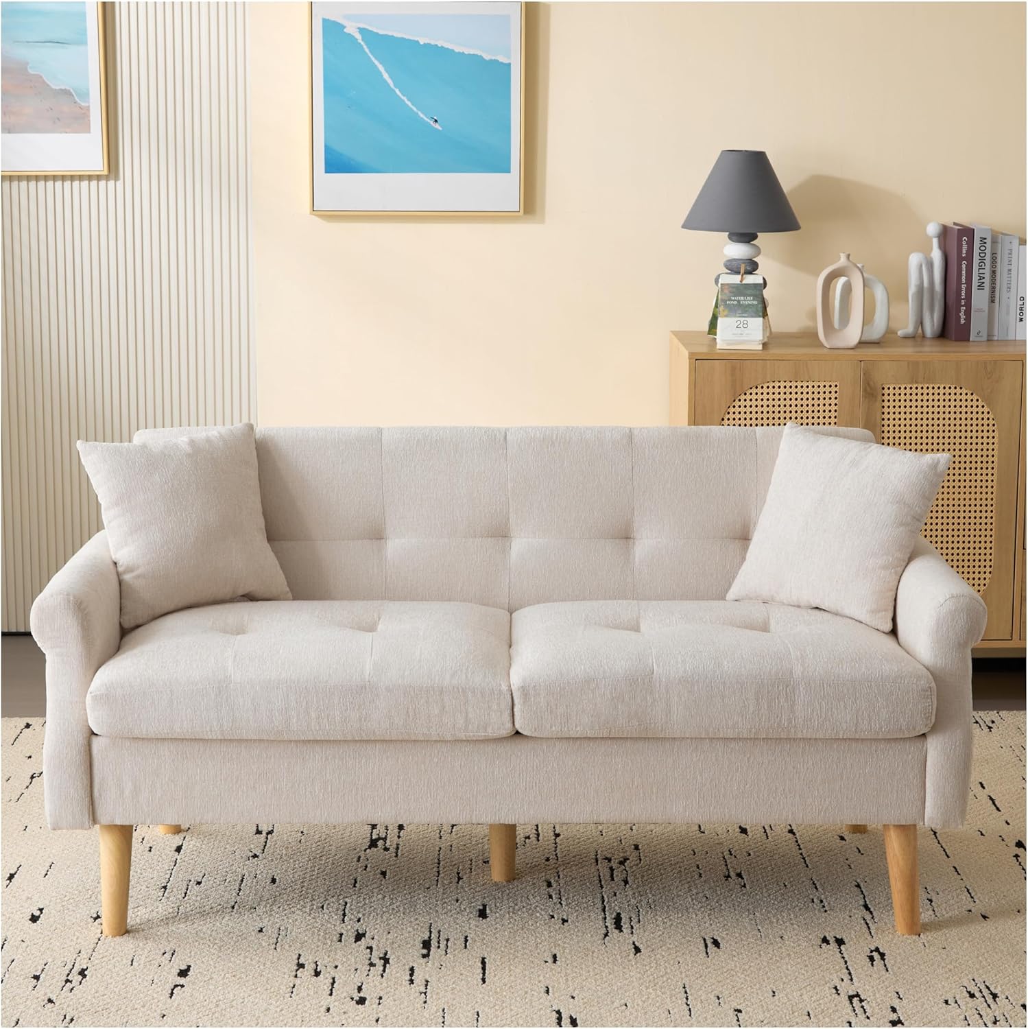 Canapé-lit 2 Places Avec Rangements - Rembourrage Coton/lin - Transformable En Lit 127x205 Cm - Couleur Beige