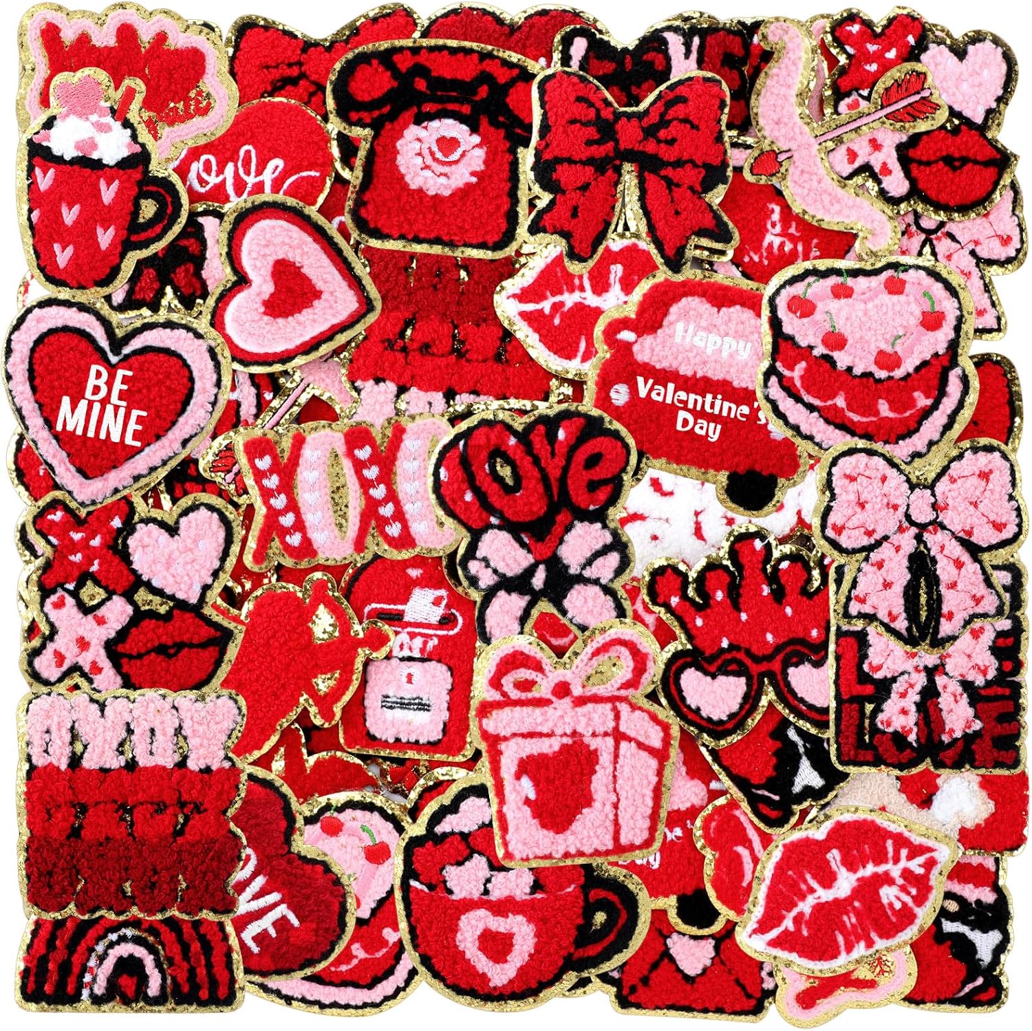 Suncalla 72 Pcs Valentine's Day Chenille Patches Glitter Pink Red Heart Bow Iron on Patches Galentines Appliques Sew on for Hat Backpack Clothes Shirt Jeans DIY Craft Party Favors