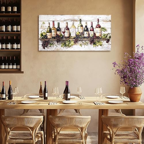 Miniatura 5 de crmotu Arte de pared de botella de vino, arte de pared de naturaleza muerta, pinturas en lienzo grandes de cocina vintage, arte rústico de comedor