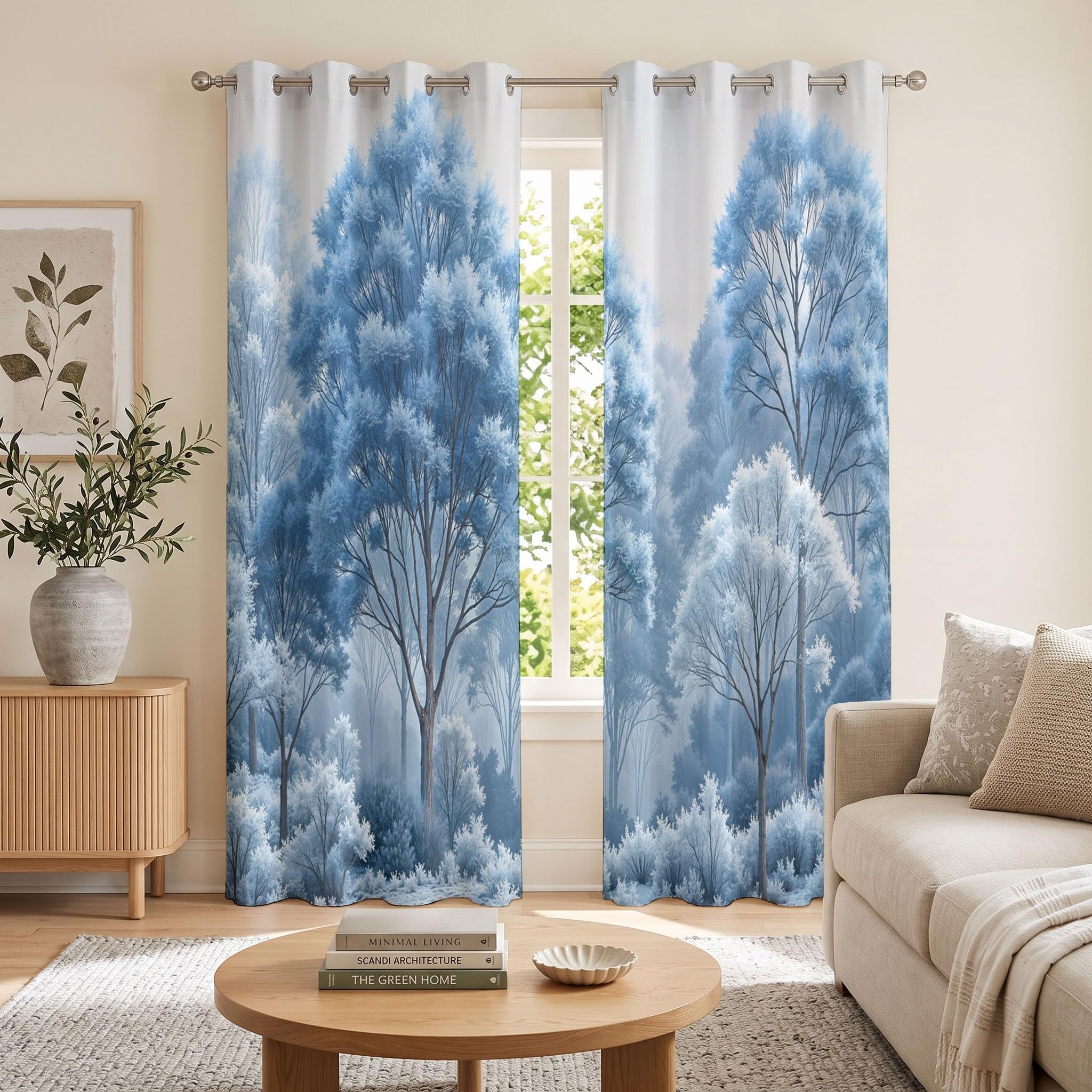 Pflanzenwald Vorhänge, Aquarellpflanzen Vorhang Blickdicht Thermo Verdunkelungsvorhänge Mit Ösen - Blau Gardinen Wohnzimmer Schlafzimmer Fenster - H175 x B140 cm (2er Pack)