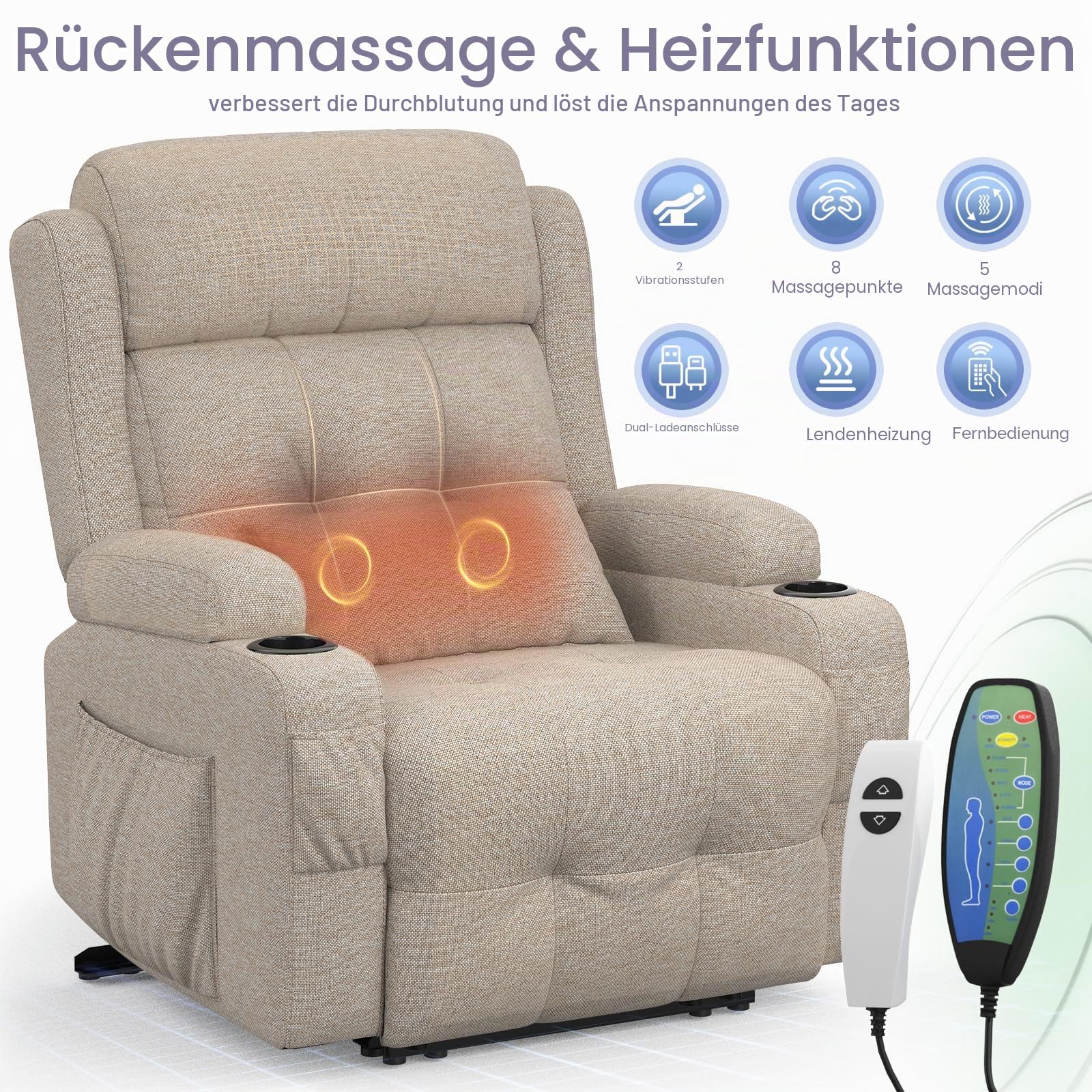 Relaxsessel Fernsehsessel Elektrisch Verstellbar Massagesessel mit Wärmefunktion Liegefunktion,2 Getränkehalter,4 Seitentaschen, TYP C & USB-Anschlüsse, TV Sessel für Fußteil, Wohnzimmer