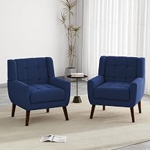 Accent Chairs Set of 2, Modern Upholstered Arm Chair in Fabric for Living Room, Comfy Armchair Single Sofa Seat with Solid Wooden Legs Blue