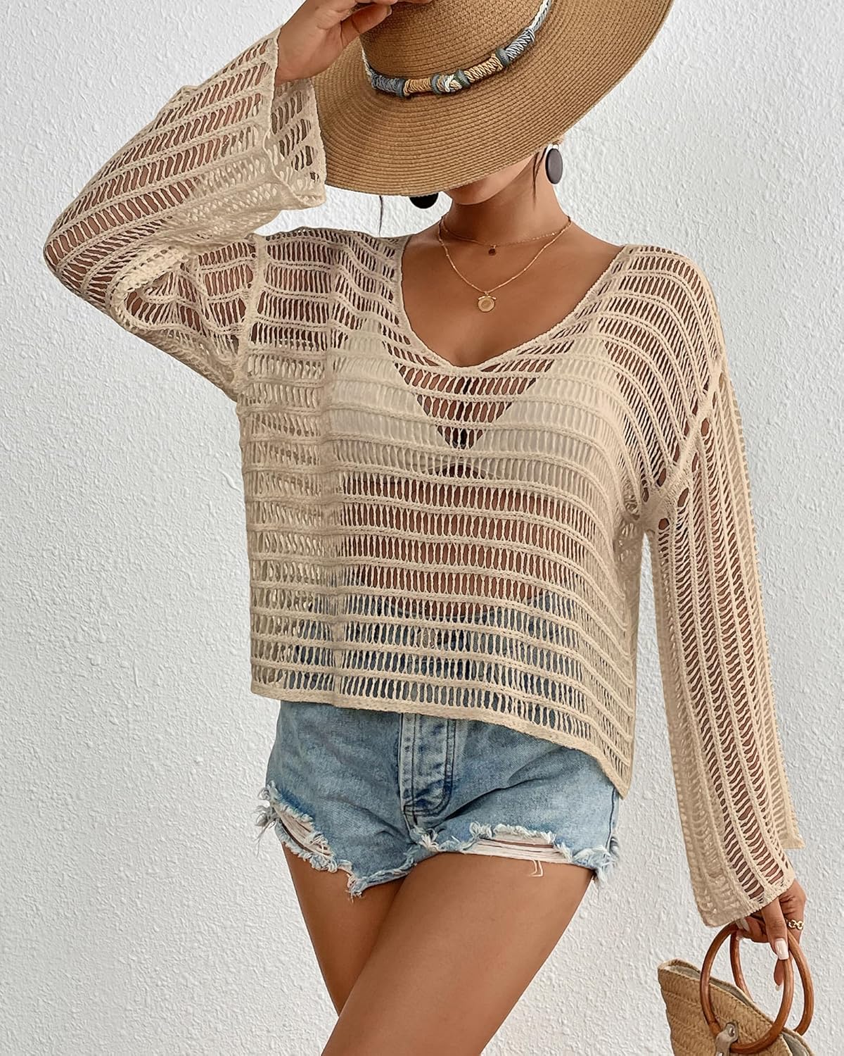Bsubseach Crochet Tops for Women Long Sleeve Beach Swimsuit Coverup Mesh Knit Crop Top Bathing Suit Cover Up - Image 3