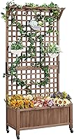 Yaheetech 72" Raised Garden Bed with Trellis for Climbing Vines, Fir Wood Planter Box w/Drainage Holes & Wheels, Dark Brown Outdoor Gardening
