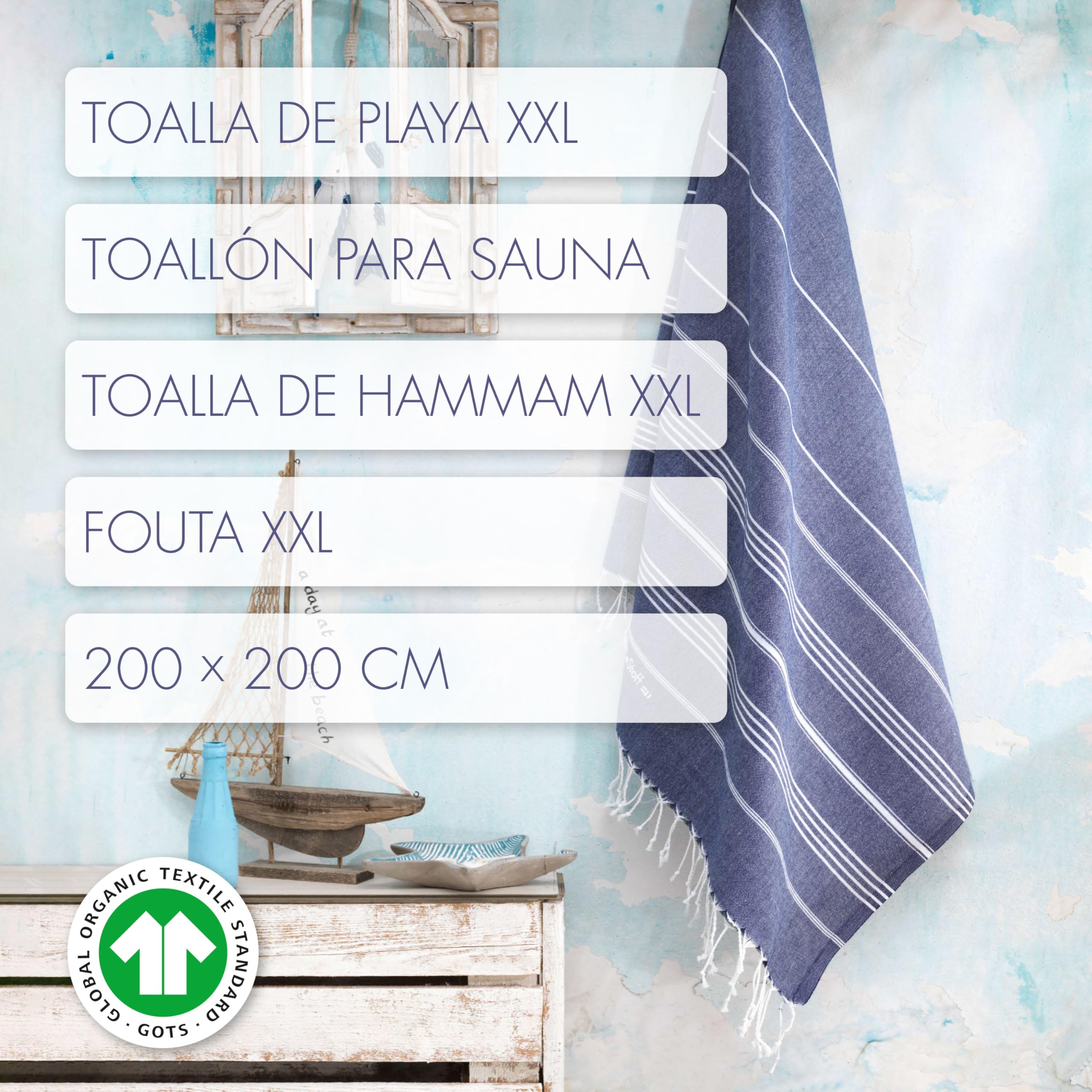 LeStoff Fouta Premium – 100% algodón orgánico - Prelavado, sostenible, Absorbente y de Secado rápido - Toalla de Playa, baño, Ducha, Yoga, Sauna, Piscina y Viaje (200 x 200 cm Navy) | Toalla de playa para yoga, camping y viaje - antiarena, prelavado, lige