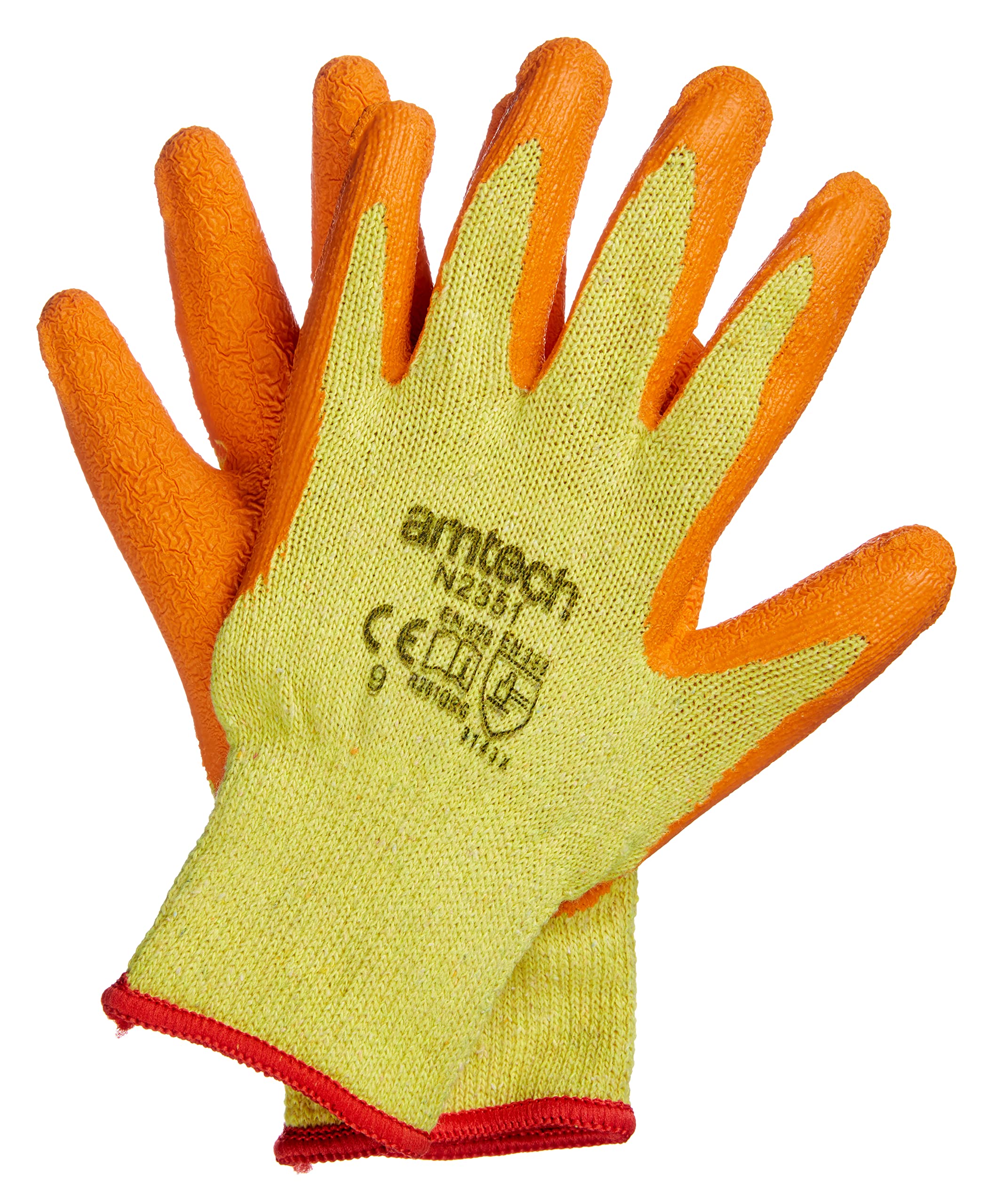 Amtech N2351 Rubber Palm Coated Builders Gloves Large (Size 9), Certified Quality for Heavy Duty Tasks, Yellow/Orange