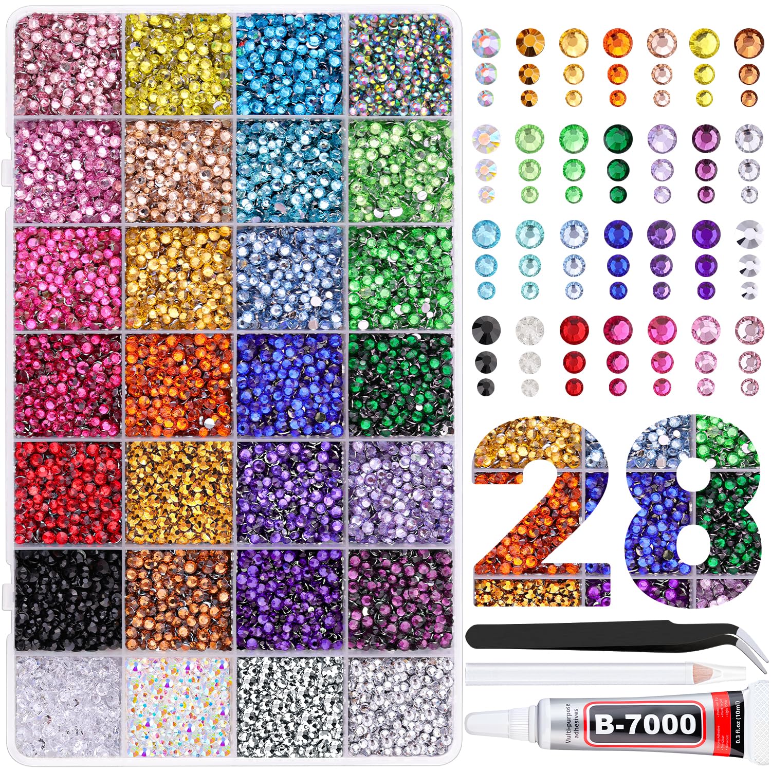 30000Pcs Resin Rhinestones for Crafting, Multicolor 2/3/4mm Flacktback Gems with 1Pcs B7000 Jewelry Glue, Bedazzling Crystal for DIY Crafts Clothing Tumblers Mugs Shoes Fabric Nail Art