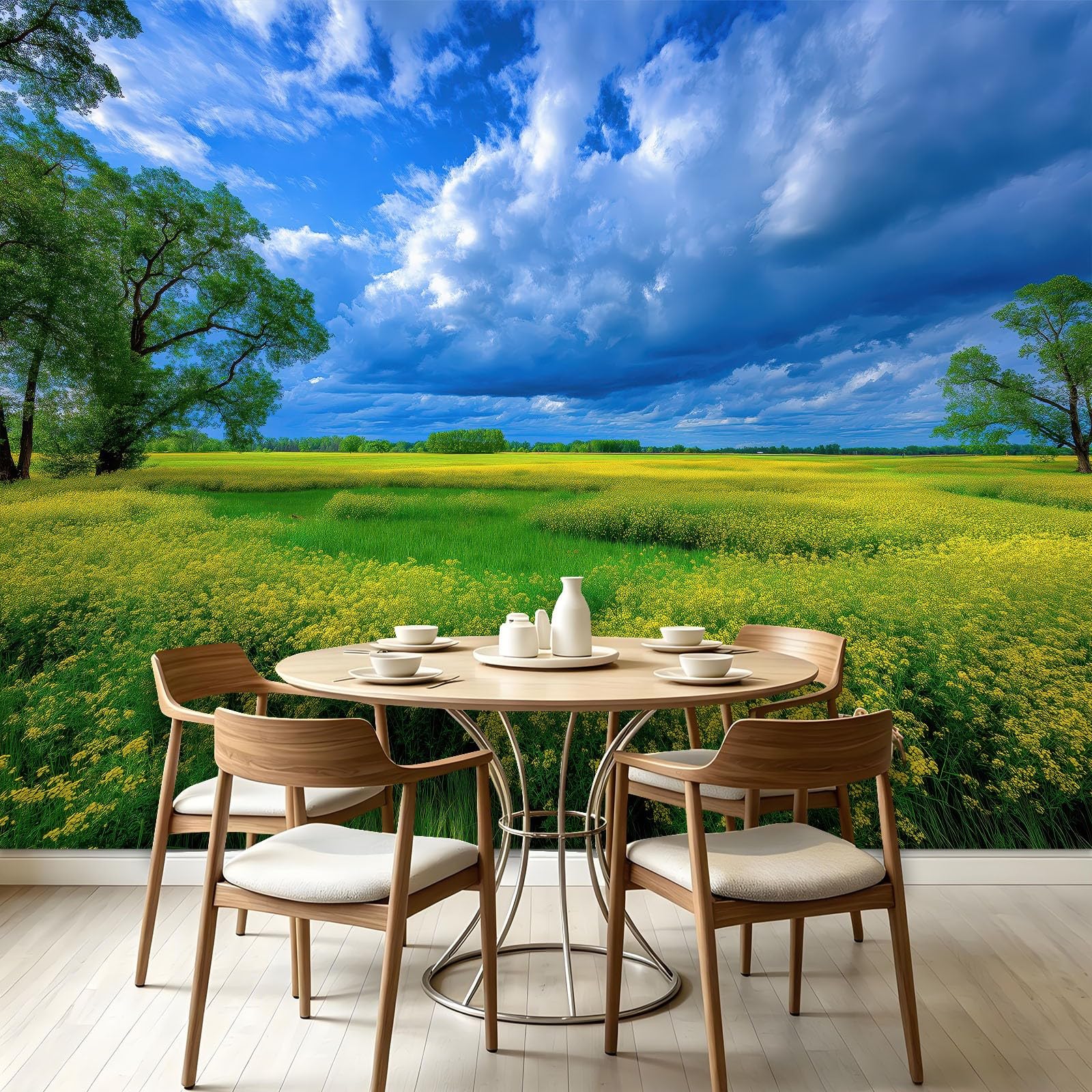 Carta da parati in tessuto non tessuto, 400 x 280 cm, decorazione da parete per sala da pranzo, corridoio, facile da montare, paesaggio, campo di colza, cielo, fiori
