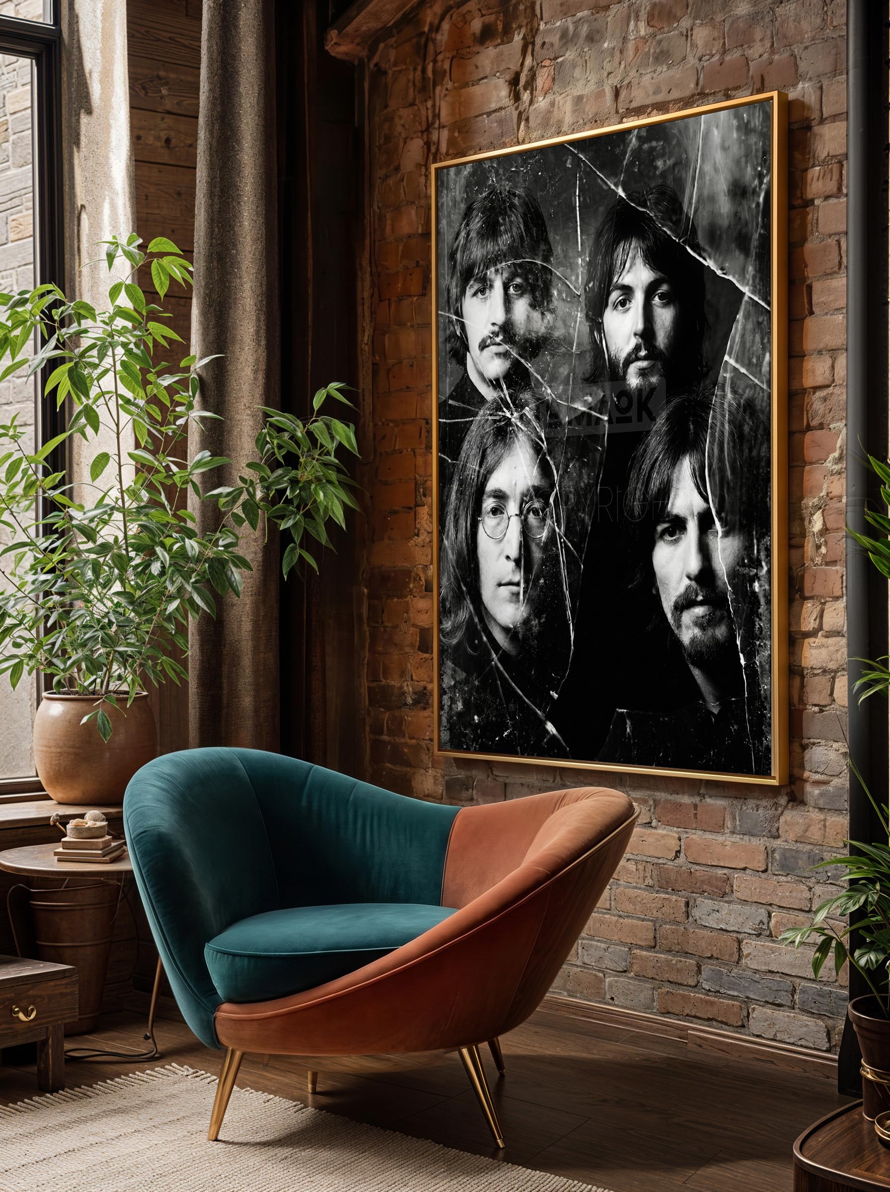 Tomaok® - Poster Stampa poster d'arte (cornice non fornita) Gruppo musica pop rock Les Beatles in composizione bianco e nero, ritratto specchio rotto, decorazione art murale