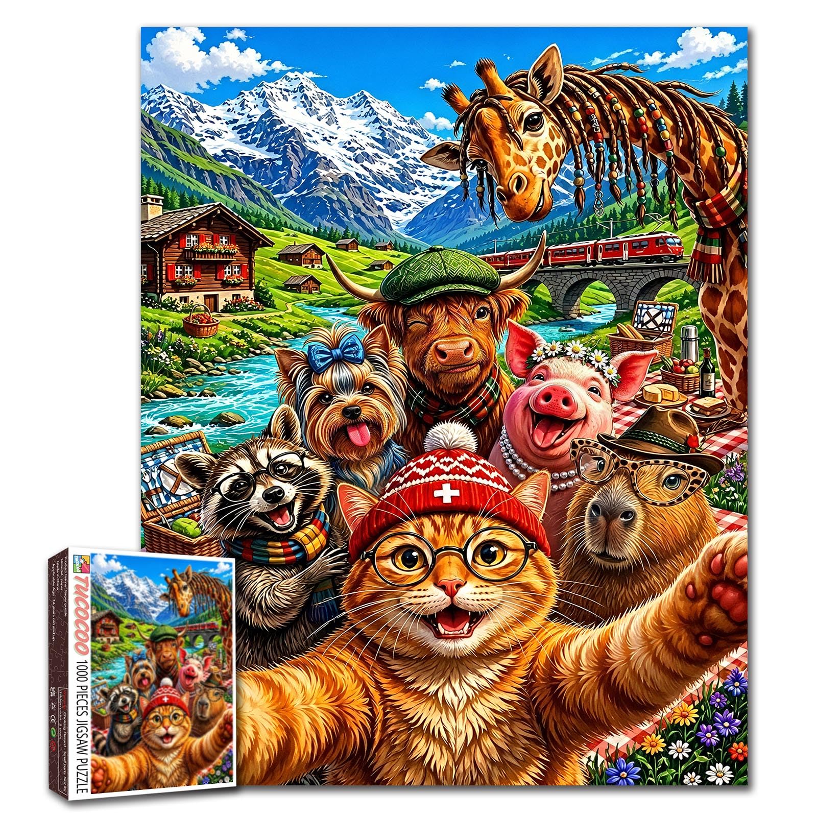 1000 Piece Funny Animal Selfie Puzzle for Adults Cute Cat and Farm Animals Vacation Jigsaw Puzzle Highland Cow Giraffe Pig Raccoon Fun Puzzles Gift for Family Friends Relaxing Activity Home Decor — image 1