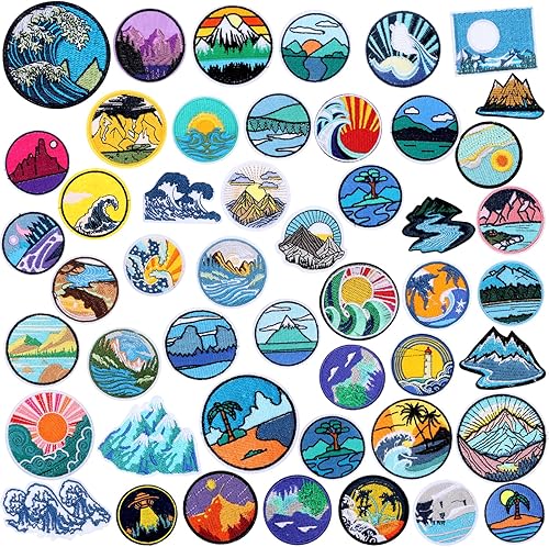 Hotop 48 parches para planchar con temática de campamento, parches de aventura al aire libre, mochileros de montaña, parches bordados para jeans,