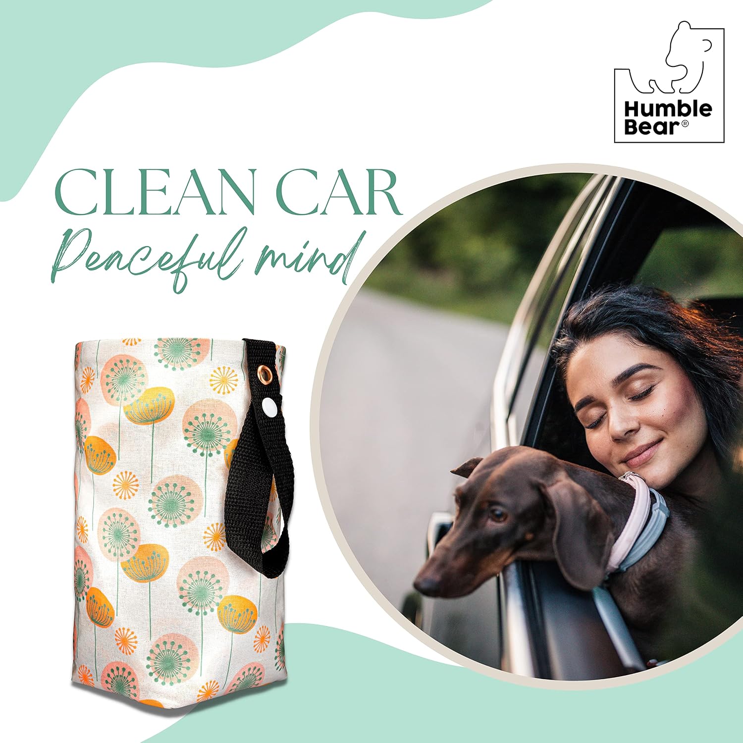 Humble Bear Cute - Car Garbage Bag Hanging | Waterproof Small Trash Can for Car Front Seat, Back Seat, Floor, Headrest, Console Basket Rubbish Bin (White)
