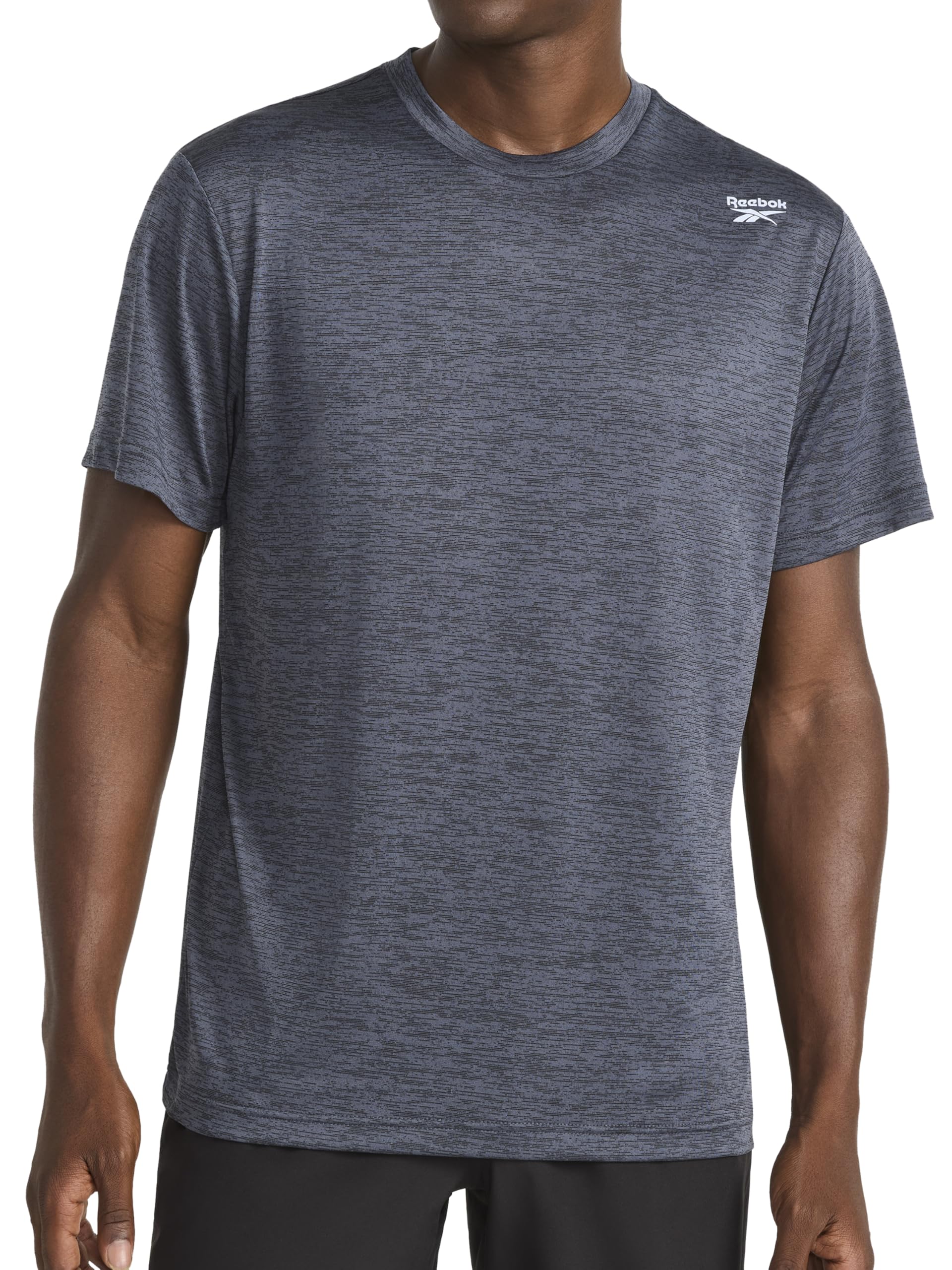 Reebok Men's Ebony Heather Apparel Dash Short Sleeve Crewneck T-Shirt, Standard Fit, Breathable Stretch Fabric, Large