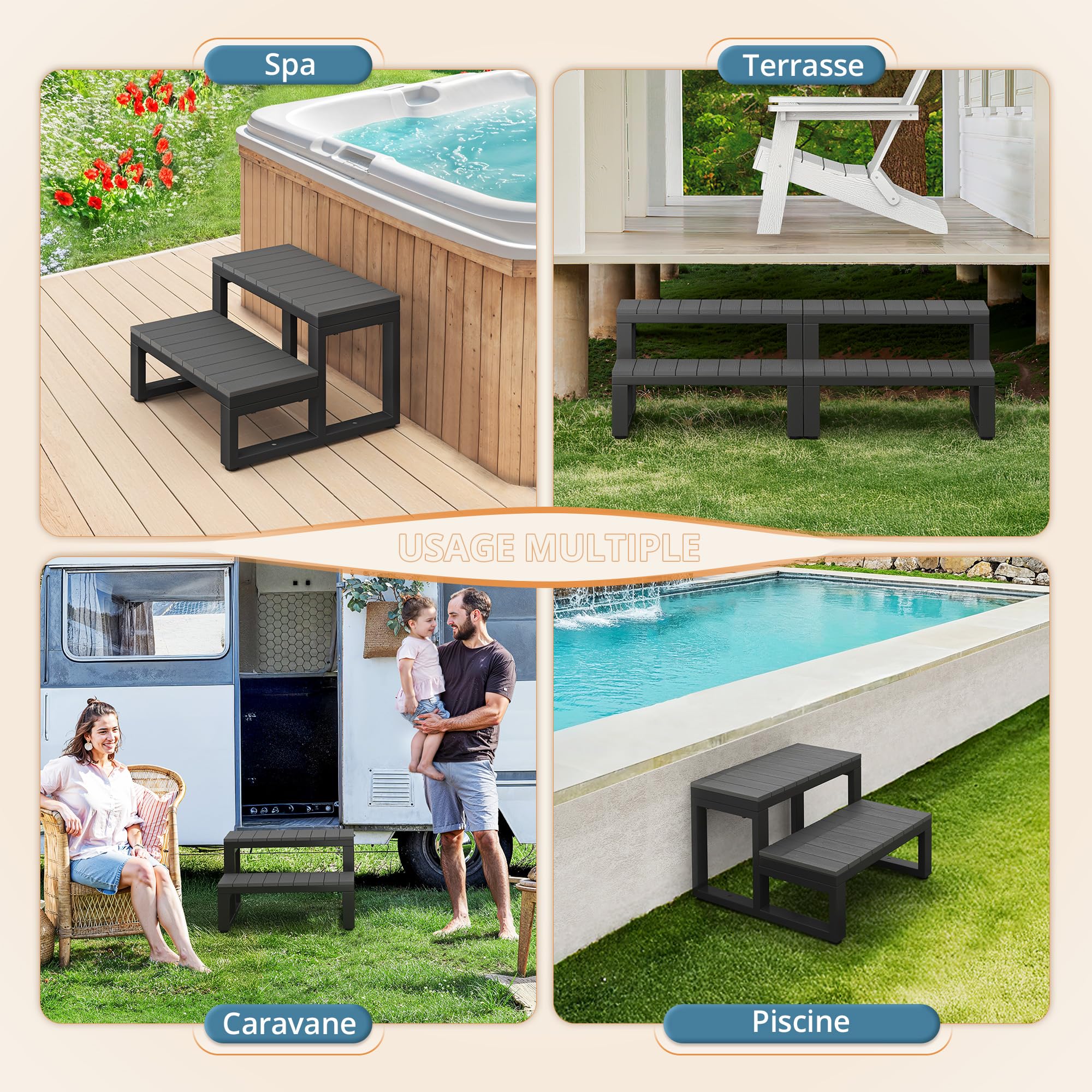 LUE BONA Escalier Spa 2 Marches, Marchepied Antidérapant pour Jacuzzi & Piscine, HDPS, Aluminium, 60 x 53 x 38 cm, Gris Foncé