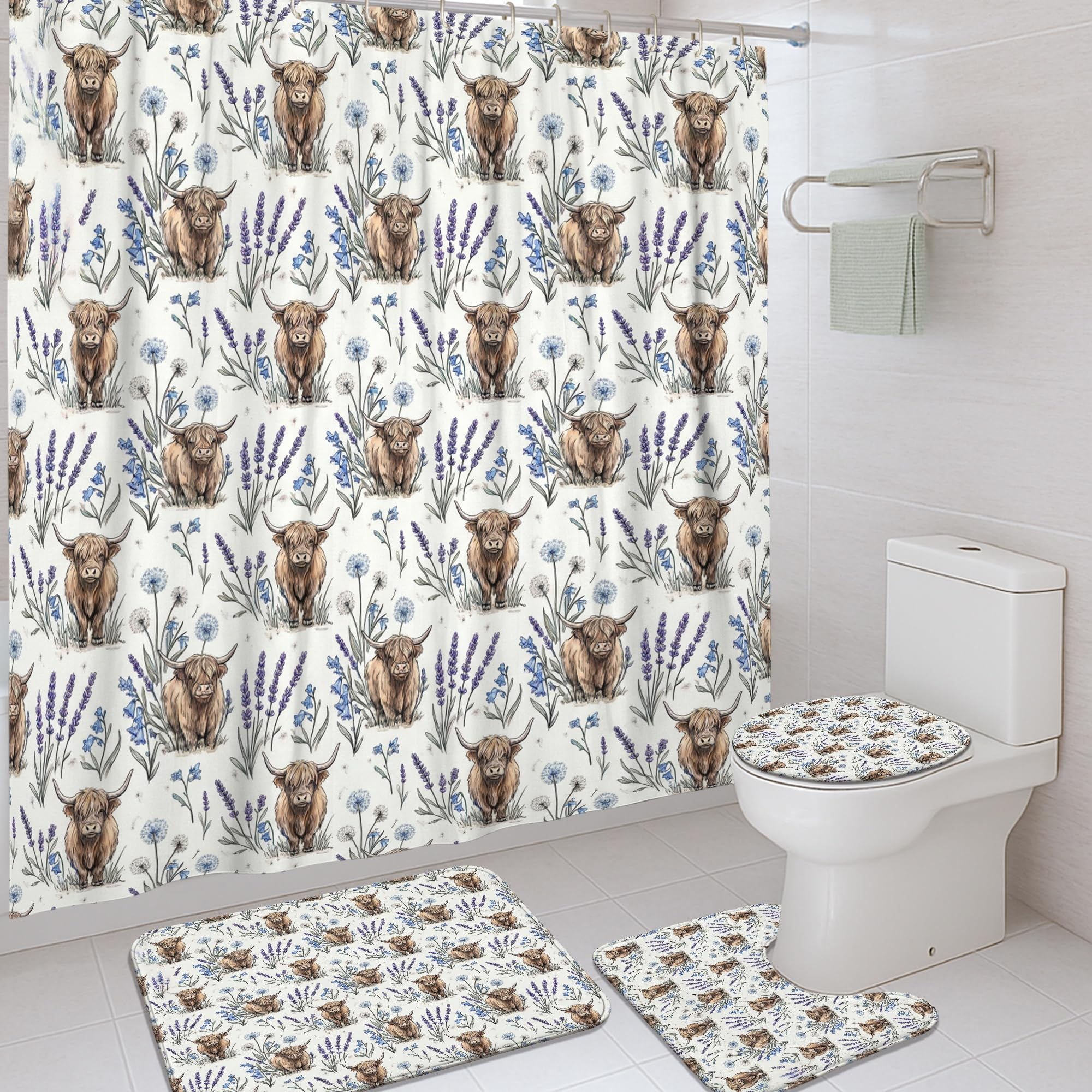 Ensemble de rideaux de douche motif fleurs bleu lavande et blanc printanier