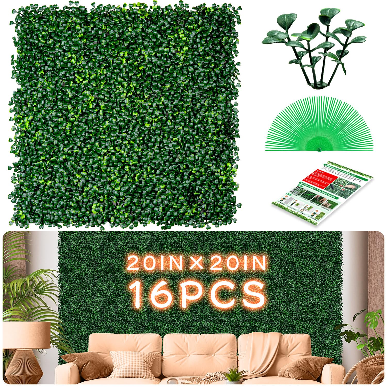 16PCS Super Dense Grass Wall Panels 20"x20", Greenery Boxwood Panels Backdrop, Artificial Hedge Wall Panels, Faux Green Grass Ivy Wall UV Protected for Indoor Outdoor Decor