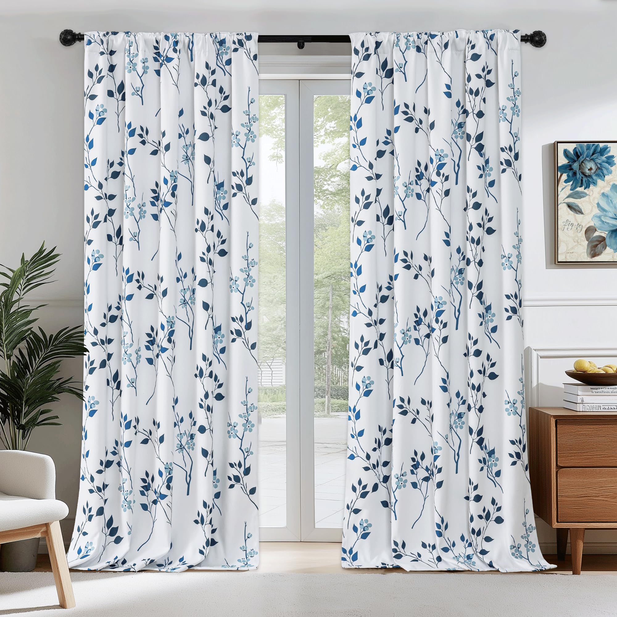 Beauoop Floral 100% Blackout Curtains 63 Inch Length 2 Panels for Bedroom Living Room Navy Blue and White Flower Patterned Room Darkening Thermal Soundproof Rod Pocket Back Tab Window Drapes, 52X63