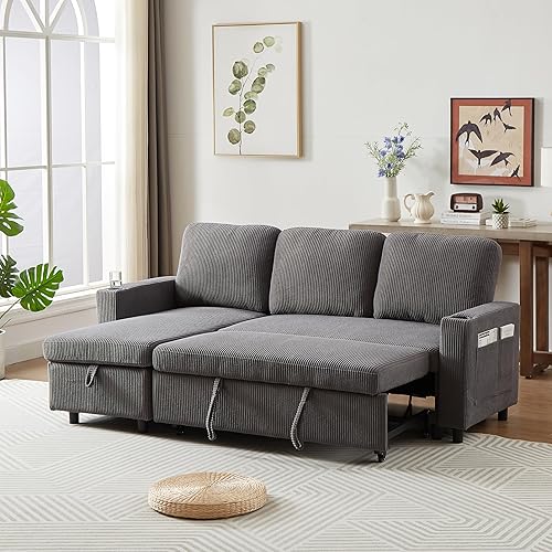 FANYE L-Shaped 3 Seater Reversible Sleeper Sectional Sofa Modern Comfortable Corduroy Upholstered Convertible Sofabed with Pull Out Sleep Couch Bed and Cupholders for Compact Space Living Room