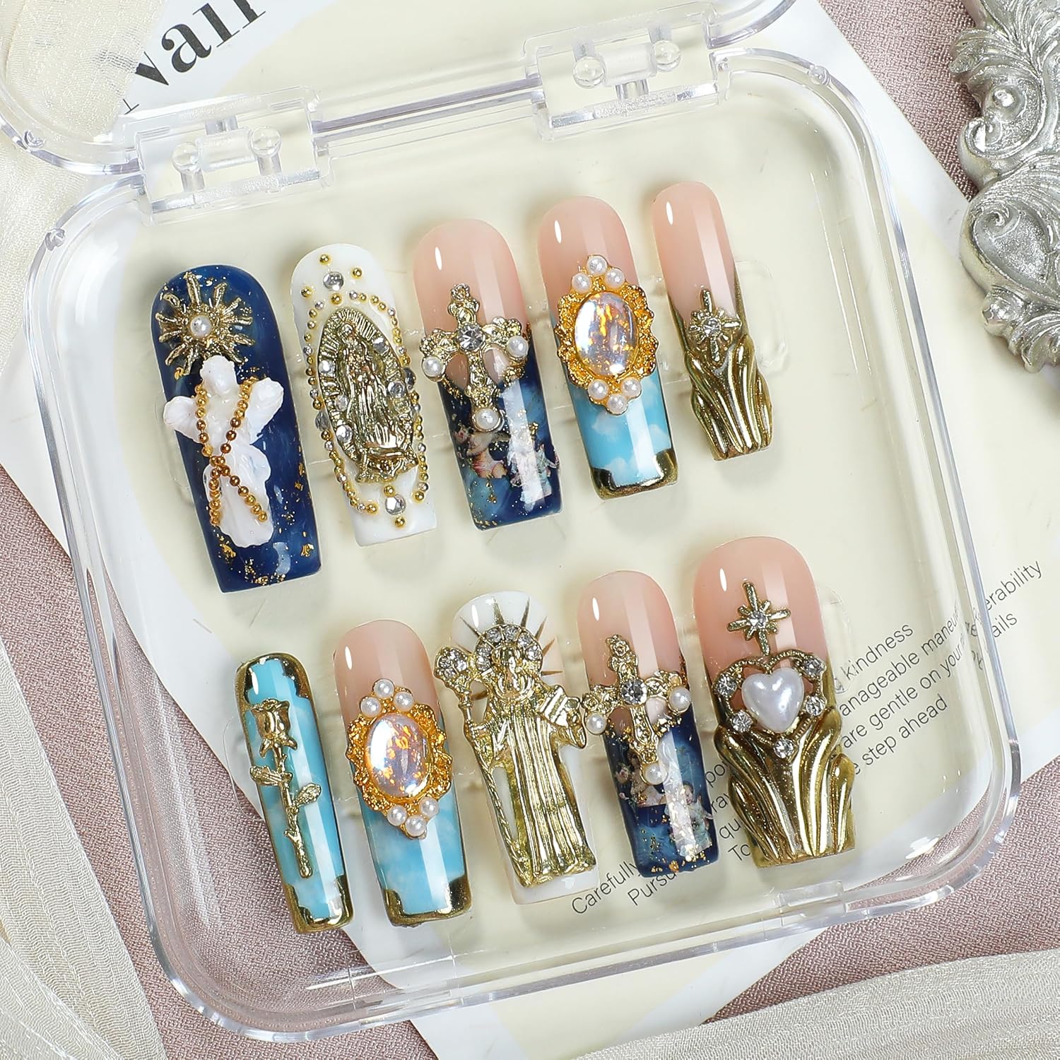 Luxury Gothic Press-On Nails Long Square Shape, Handmade XL Reusable Acrylic Nails with 3D Statue & Cross Charms, Blue Pink Gradient Full Cover Fake Nails for Women
