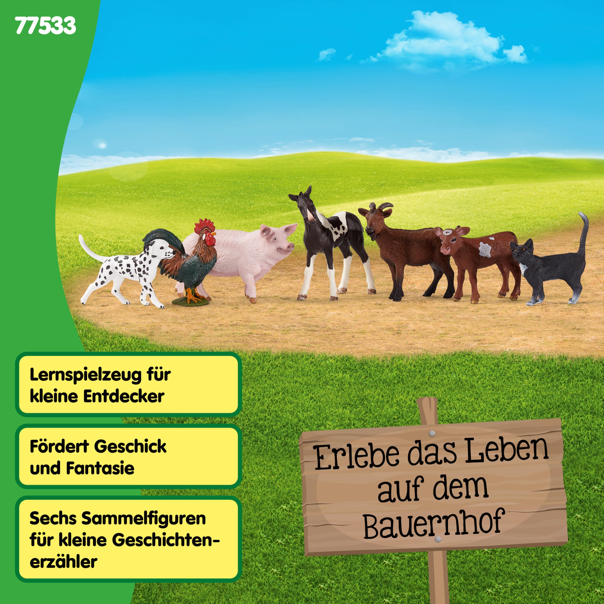 Schleich Farm World | Bauernhof Tiere Set 77533 mit Hund, Katze, Schwein, Ziege, Kuh, Pferd und Hahn | detailliertes Spielset aus 7 Teilen | Bauernhof Spielzeug ab 3 Jahre | exklusiv bei Amazon