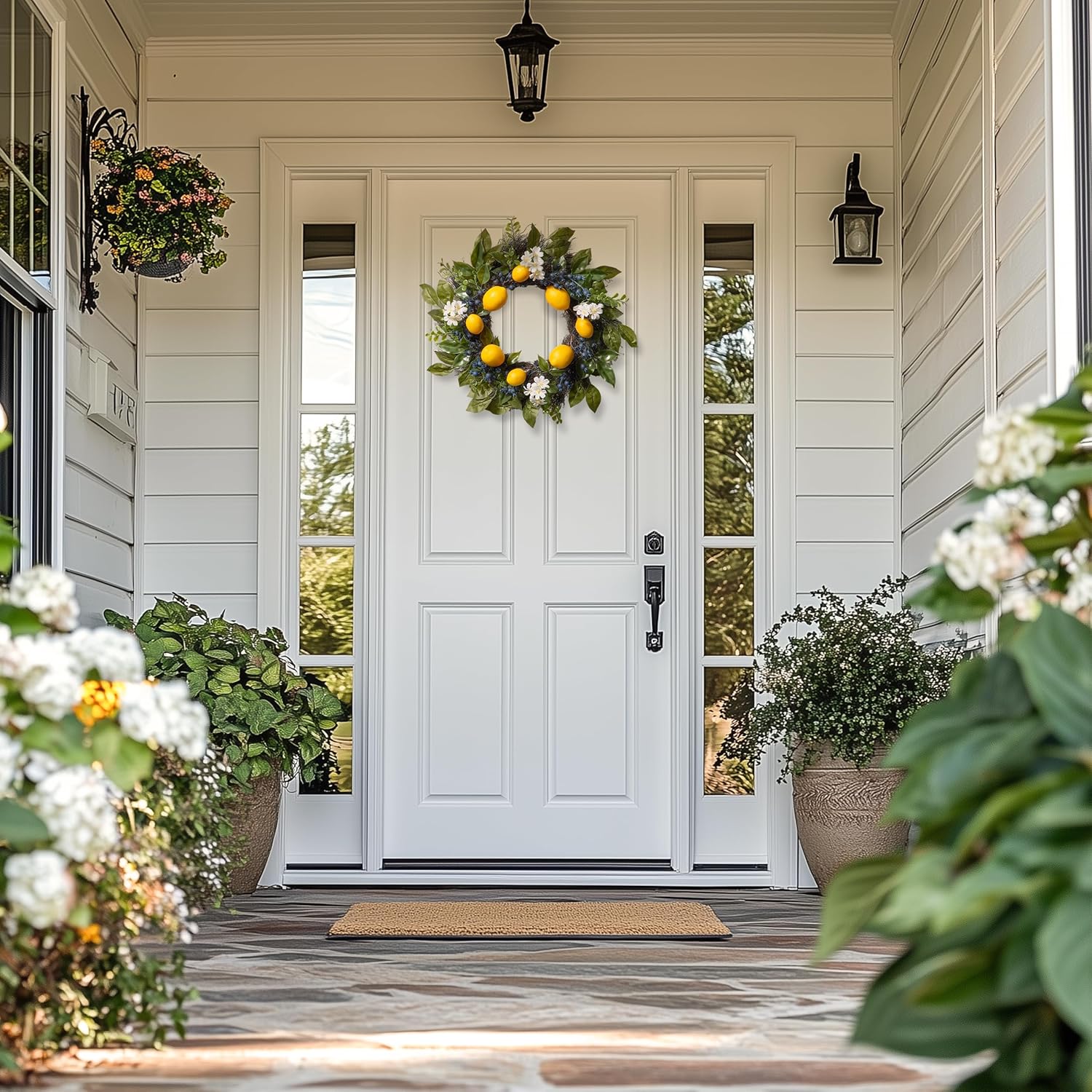 Valery Madelyn 20'' Lighted Lemon Wreath for Front Door - Pre-lit Artificial Spring Summer Wreath with Eucalyptus Greenery & Blueberry, Farmhouse Home Porch Wall Kitchen Amalfi Coast Party Decor