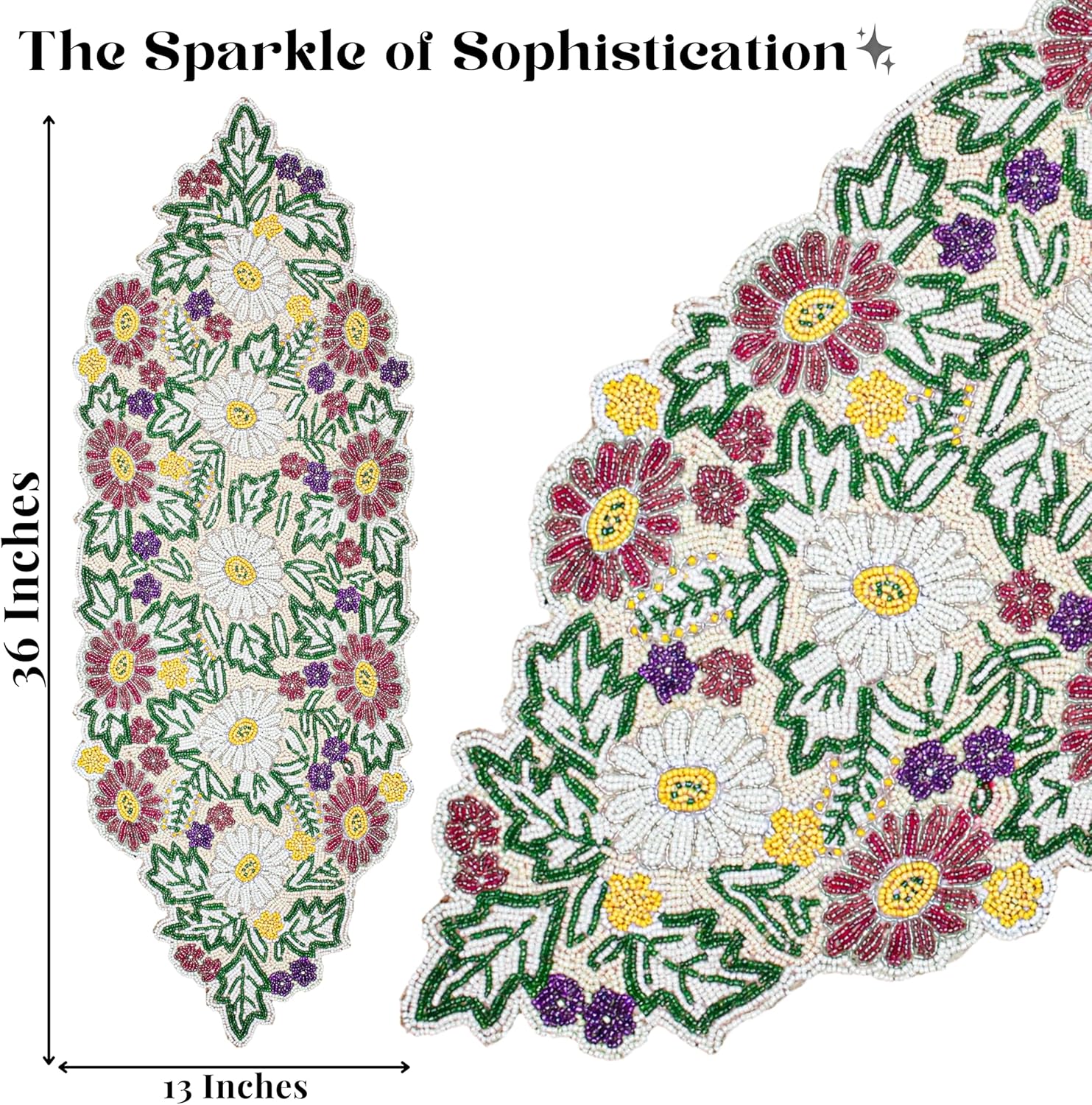 CLEENTABLE Luxury Beaded Table Runner - 13x36 Inches Handcrafted Spring Floral Design with Glass Beads & Polyester Back - Elegant Table Decor for Dining, Coffee Table & Events (Multi)