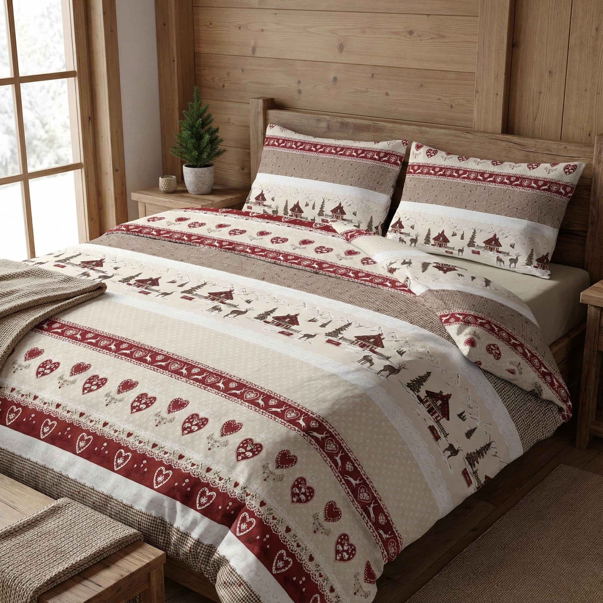 Tex Family Housse de couette tyrolienne, modèle Valbadia rouge, motif montagne, pour lit 1 place, 155 cm x 200 cm