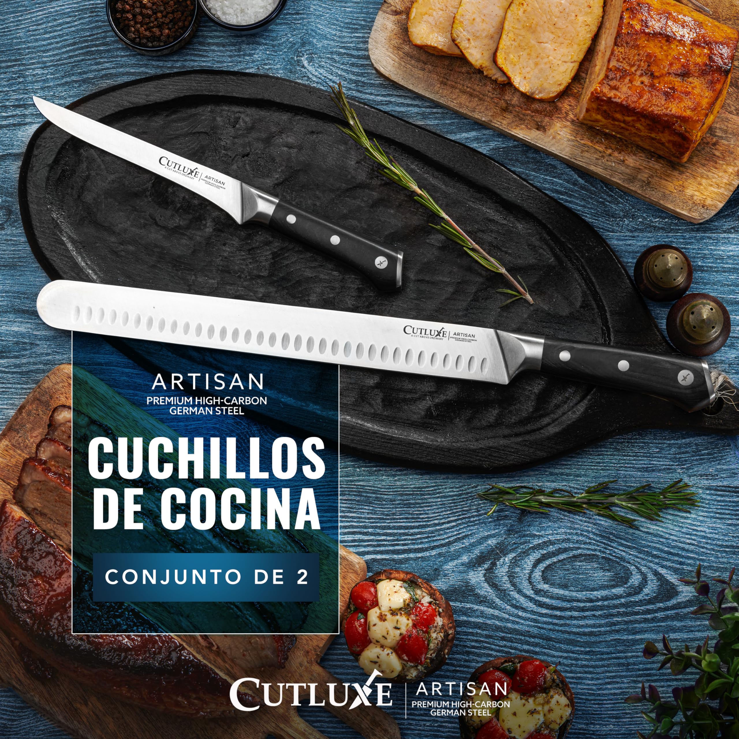 Cutluxe Set de Cuchillos Trinchar Profesional BBQ (2 piezas) - Cuchillo Jamonero Profesional de Carne Y Cuchillo Deshuesador - Cuchillos Cocina con Acero Alemán - Mango Ergonómico - Serie Artisan
