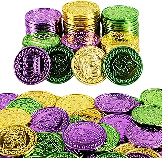 168 PCS Mardi Gras Plastic Coins Assorted Purple Green Gold Coins Mardi Gras Fake Coins for Mardi Gras Table Decorations Party Accessory Supplies