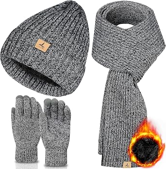 LOROME Winter Hat Scarf Gloves Set, Knitted Ribbed Beanie Winter Gift Men | Soft Warm Knit Beanie Ribbed Fleece-lined Hat Touchscreen Gloves Long Knitted Scarf Set Winter Accessories
