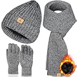 3 PCS Winter Hat Scarf Gloves Set, Soft Warm Knit Beanie Hat Touchscreen Gloves Long Knitted Scarf Set Winter Gifts for Men