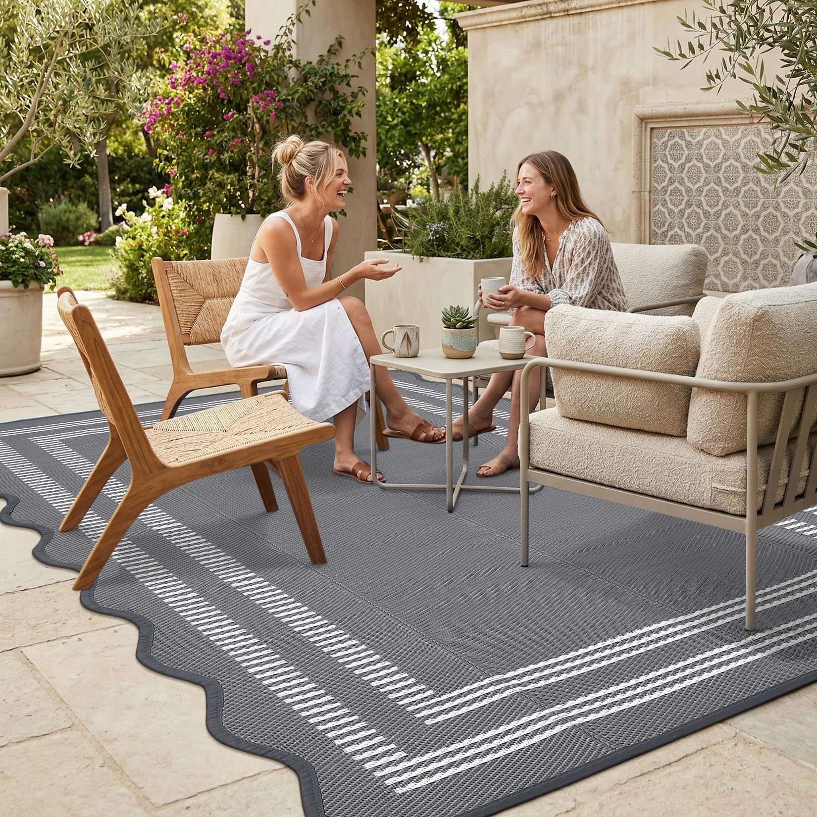 Garvee Waterproof Outdoor Rug 5x8, Scalloped Geometric Foldable Plastic Straw Patio Camping Rug, Outdoor RV Carpet for Deck Camper Porch Balcony