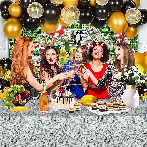 Miniatura 7 de PHOGARY Mantel de 3 piezas para decoración de fiesta temática de dinero, manteles de billetes de dólar, manteles de mesa de dinero para cumpleaños,