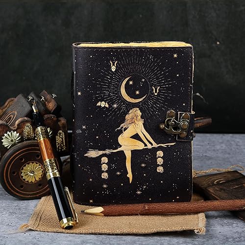 Miniatura 2 de UROOJ HANDICRAFT Celestial Sun & moon Diario de cuero vintage hecho a mano  Papel de borde Deckle, libro de hechizos en blanco de sombras diario