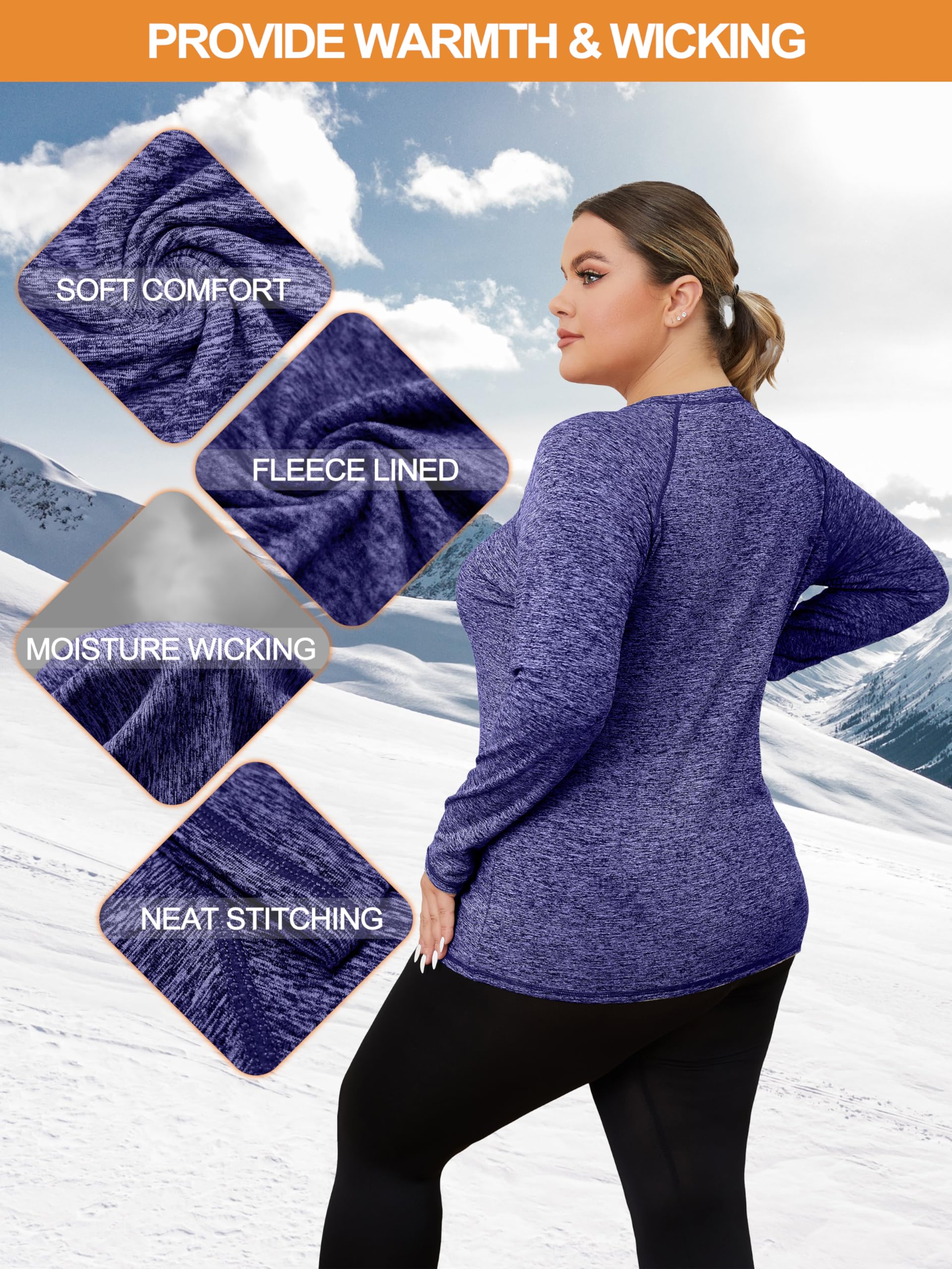 FOREYOND Camiseta térmica de forro polar para mujer, talla grande, manga larga, para correr, atletismo, entrenamiento, ropa interior térmica