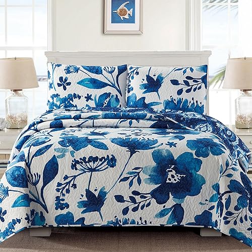 Miniatura 2 de Virah Bella Juego de ropa de cama tamaño King, edredón reversible ligero con estampado botánico índigo, con 2 fundas de almohada a juego, ropa de