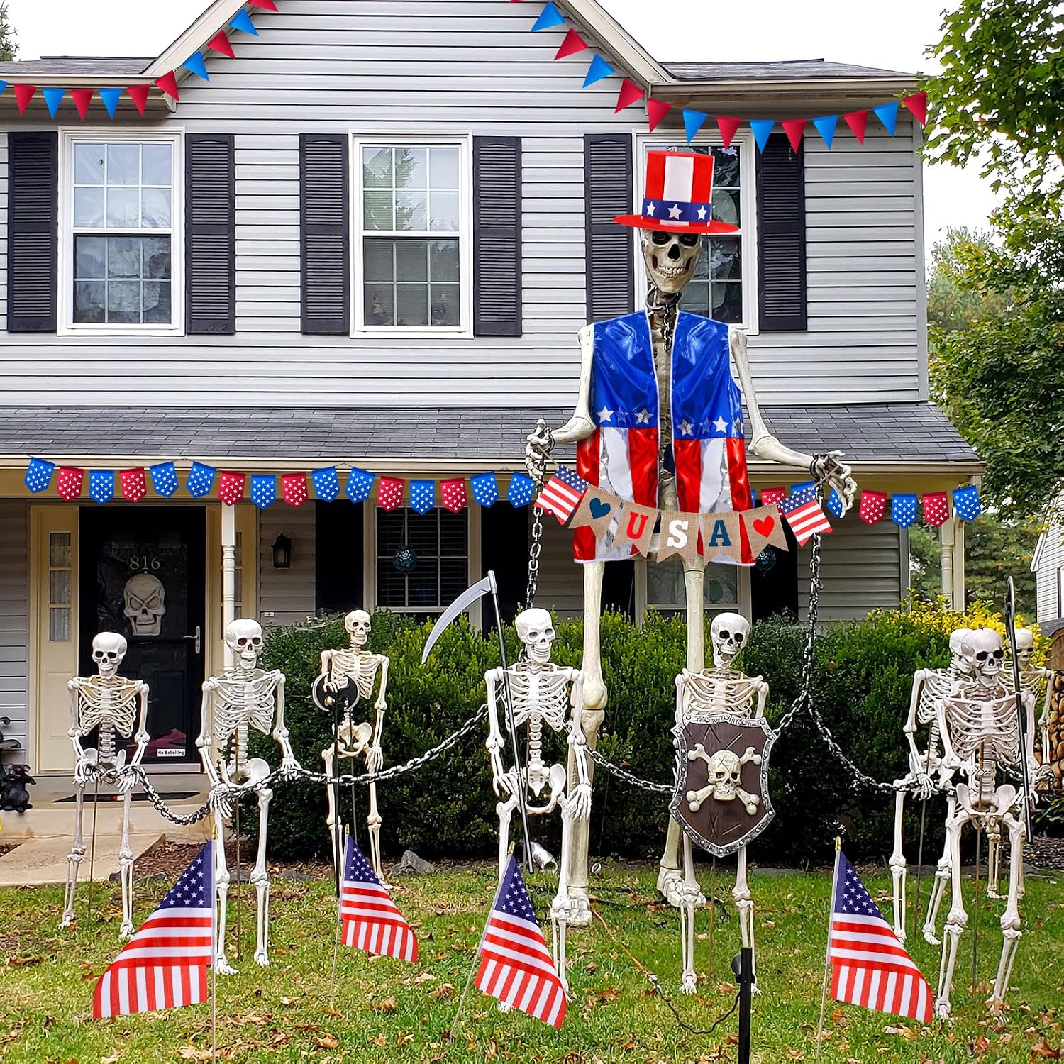 Foilswirl 3 Pcs 12 ft Skeleton Outfits Accessories 4th of July Skeleton Hat, Vest, USA Banner Outfit Set Giant Sized Skull Costume Clothing for 250th Anniversary Patriotic Garden Lawn Outdoor Decor