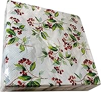 Vista 3 de 20-ct 3-ply 13x13 Holly Napkins Christmas Paper Cocktail for Decoupage Disposable Dinner Size, white green red, 6.5x6.5x1 inches