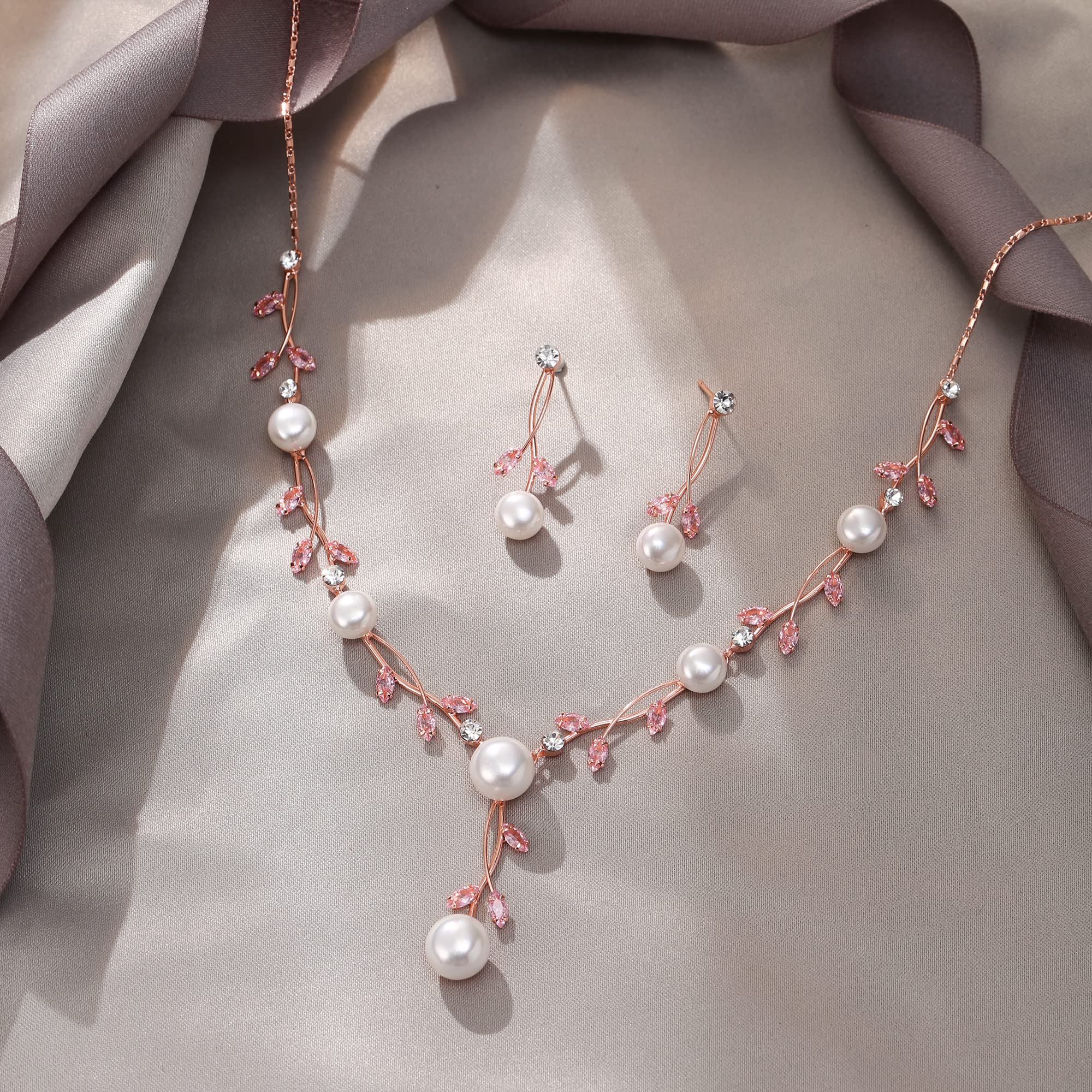 EVER FAITH Juegos de Joyas Mujer CZ Cristal Perla Simulada Floral Vid Filigrana Collar Pendientes Conjunto para Regalo Boda Rosado-Claro Tono Oro Rosa
