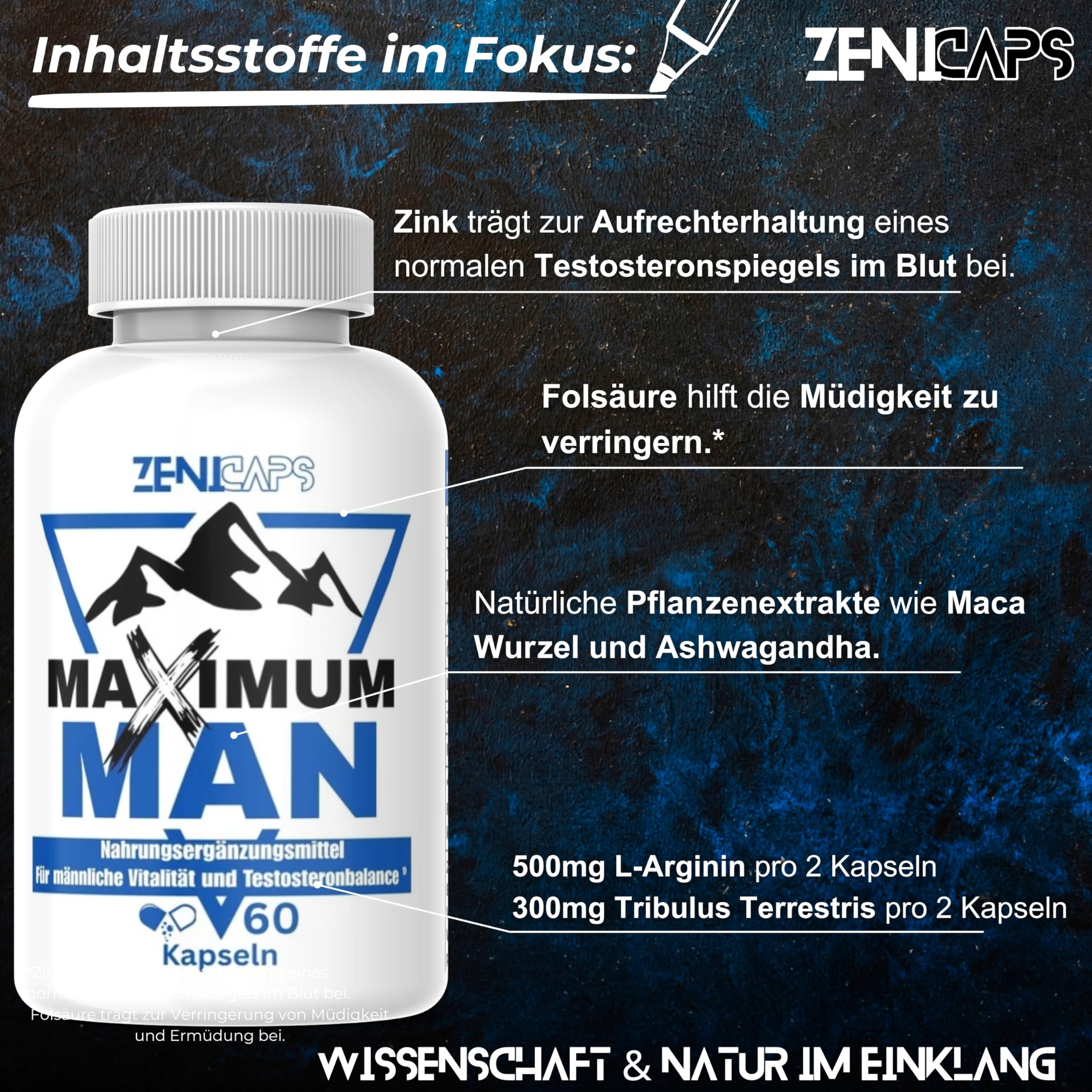 MAXIMUM MAN Original | Für aktive Männer – mit Zink für den Testosteronspiegel* | Einfache Anwendung | mit L-Arginin, Tribulus Terrestris, Maca, Ashwaganda