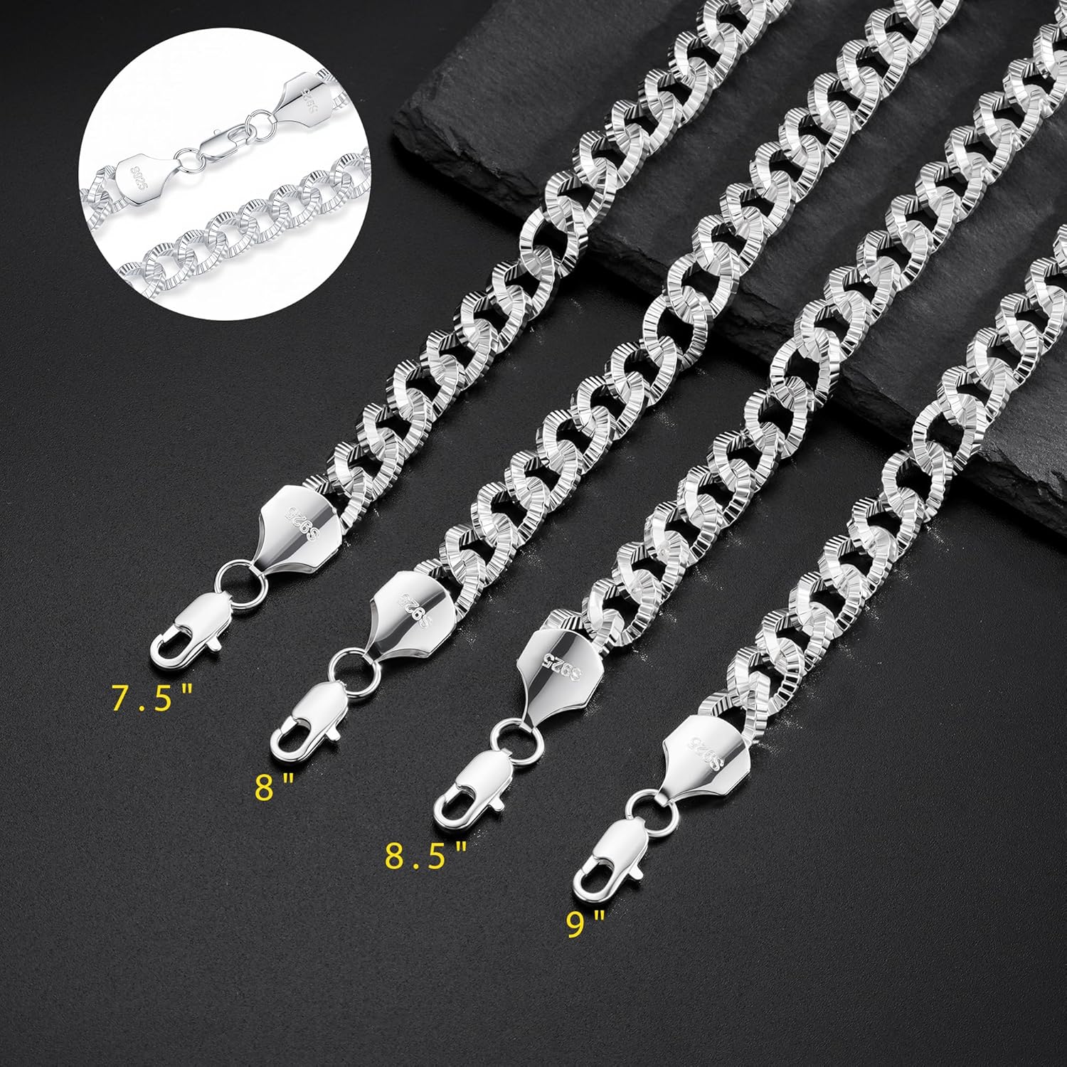 S925 Sterling Silver Bracelet for Men - 10.5MM S925 Sterling Silver Over Cuban Chain Bracelet Diamond Cut Silver Bracelets Gifts for Men 7.5/8/8.5/9Inch