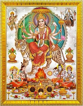 Koshtak Durga Maa With Brahma Vishnu Mahesh & Maa Kali & Saraswati Photo Frame With Glossy Lamination On Poster With Golden Frame For Puja Room/Temple/Wall Hanging/Home Decor/Worship Size 30cm x 23cm.